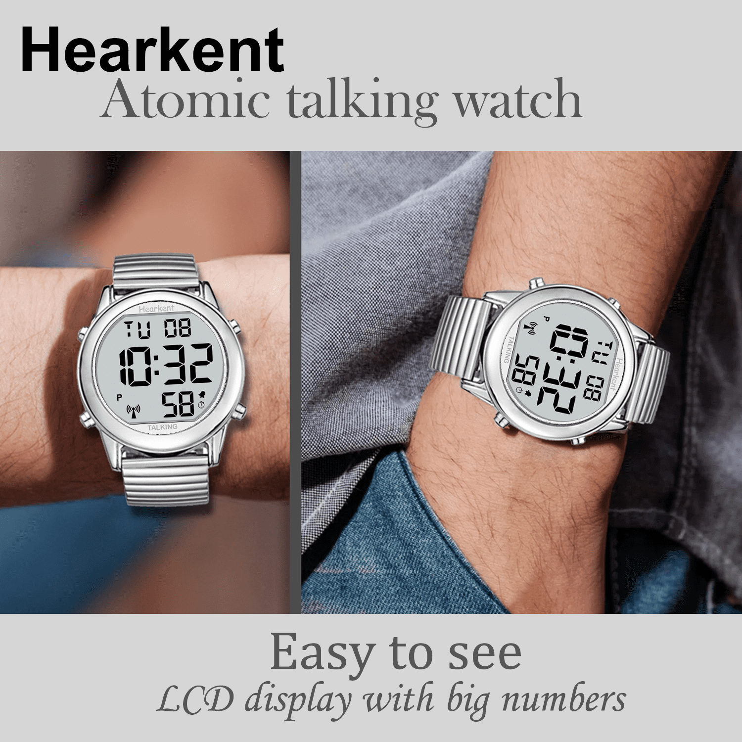 Hearkent Atomic Digital Talking Watch For Elderly Receives US signals Automatic Time And Date correction Big Numbers Easy To See Loud And Clear Male English Speaking (SILVER) - Image 2