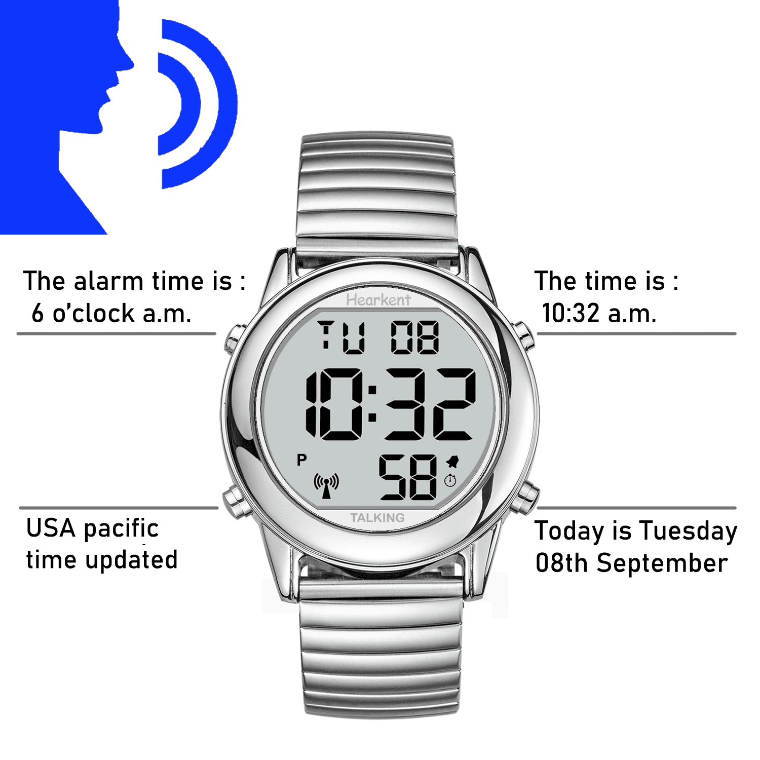 Hearkent Atomic Digital Talking Watch For Elderly Receives US signals Automatic Time And Date correction Big Numbers Easy To See Loud And Clear Male English Speaking (SILVER) - Image 4