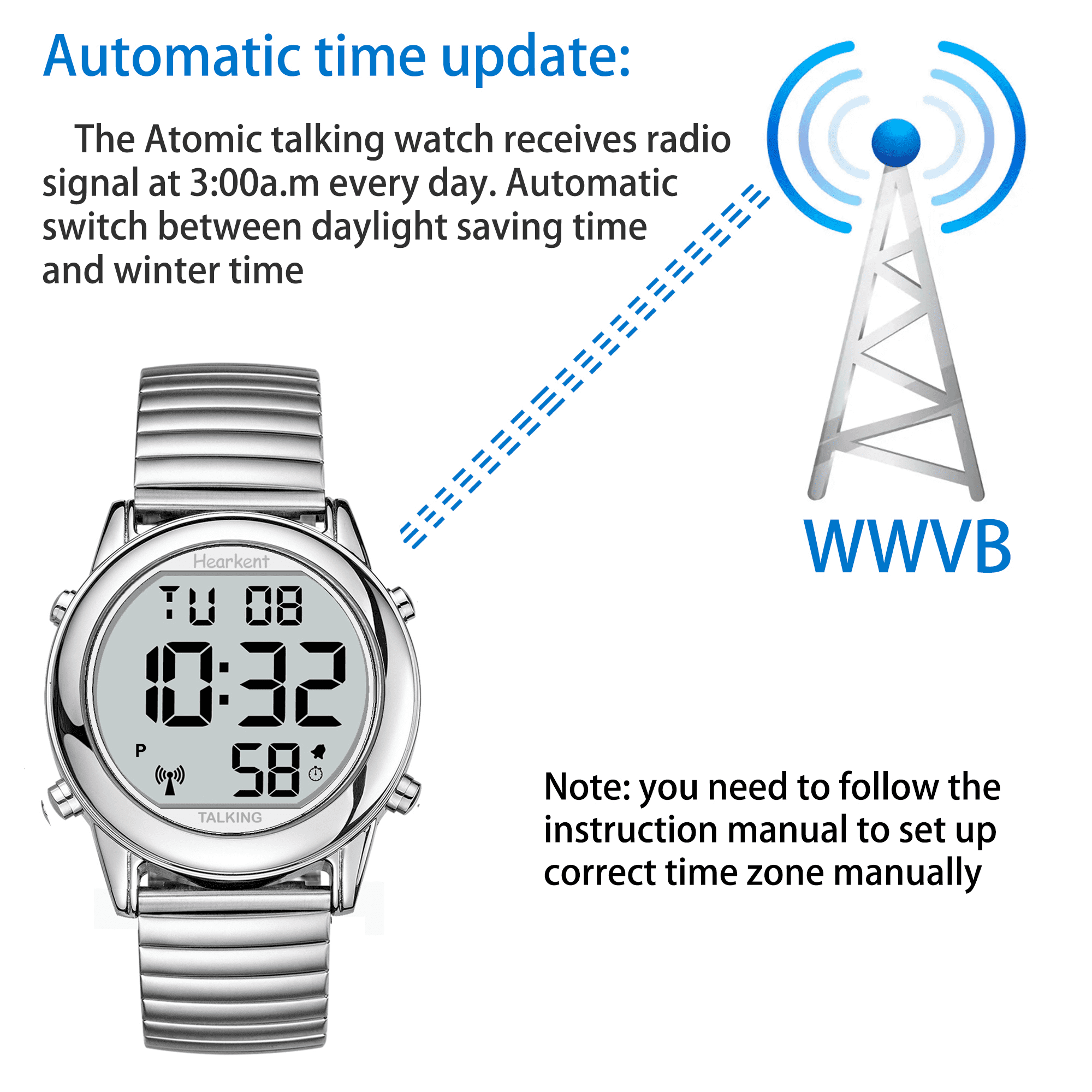 Hearkent Atomic Digital Talking Watch For Elderly Receives US signals Automatic Time And Date correction Big Numbers Easy To See Loud And Clear Male English Speaking (SILVER) - Image 3