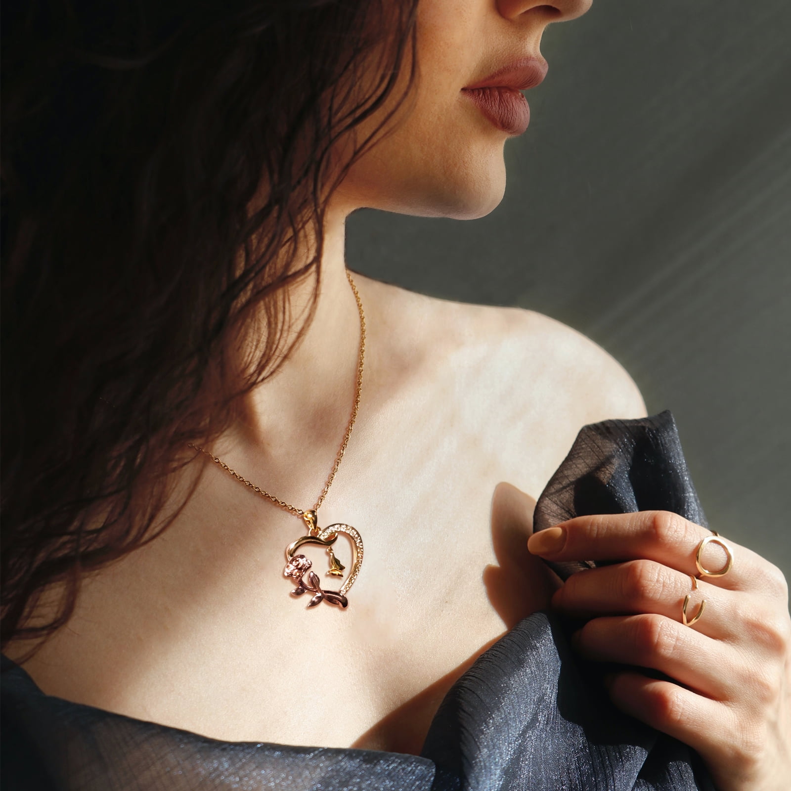 Heart Necklace for Women 14k Gold Plated CZ Romantic Rose and Butterfly Jewelry Gift for Women Birthday Valentine's Day - Image 5