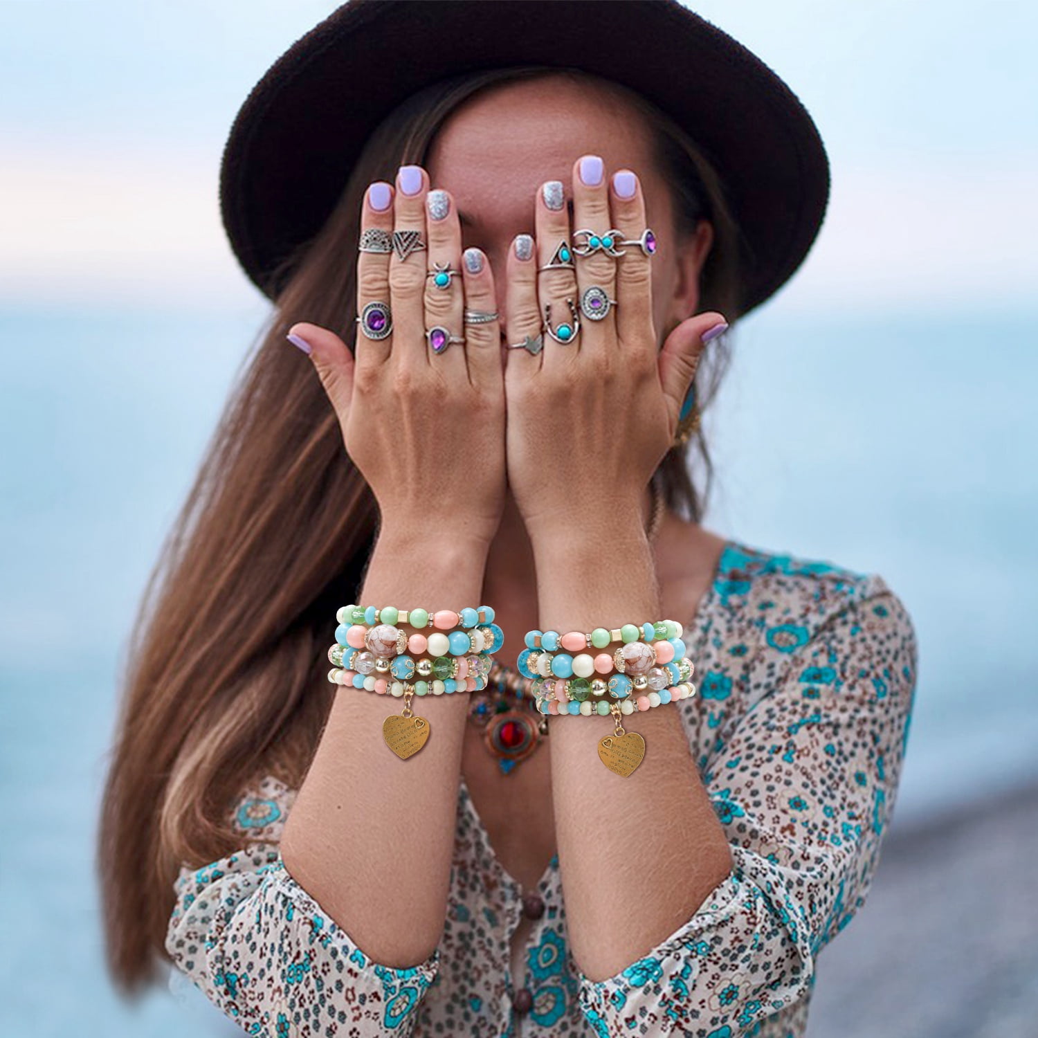 Hotian 4pcs Beaded Bracelet Jewelry Set Multilayer Boho Charm Bracelet Pack for Women and Men Turquoise - Image 2