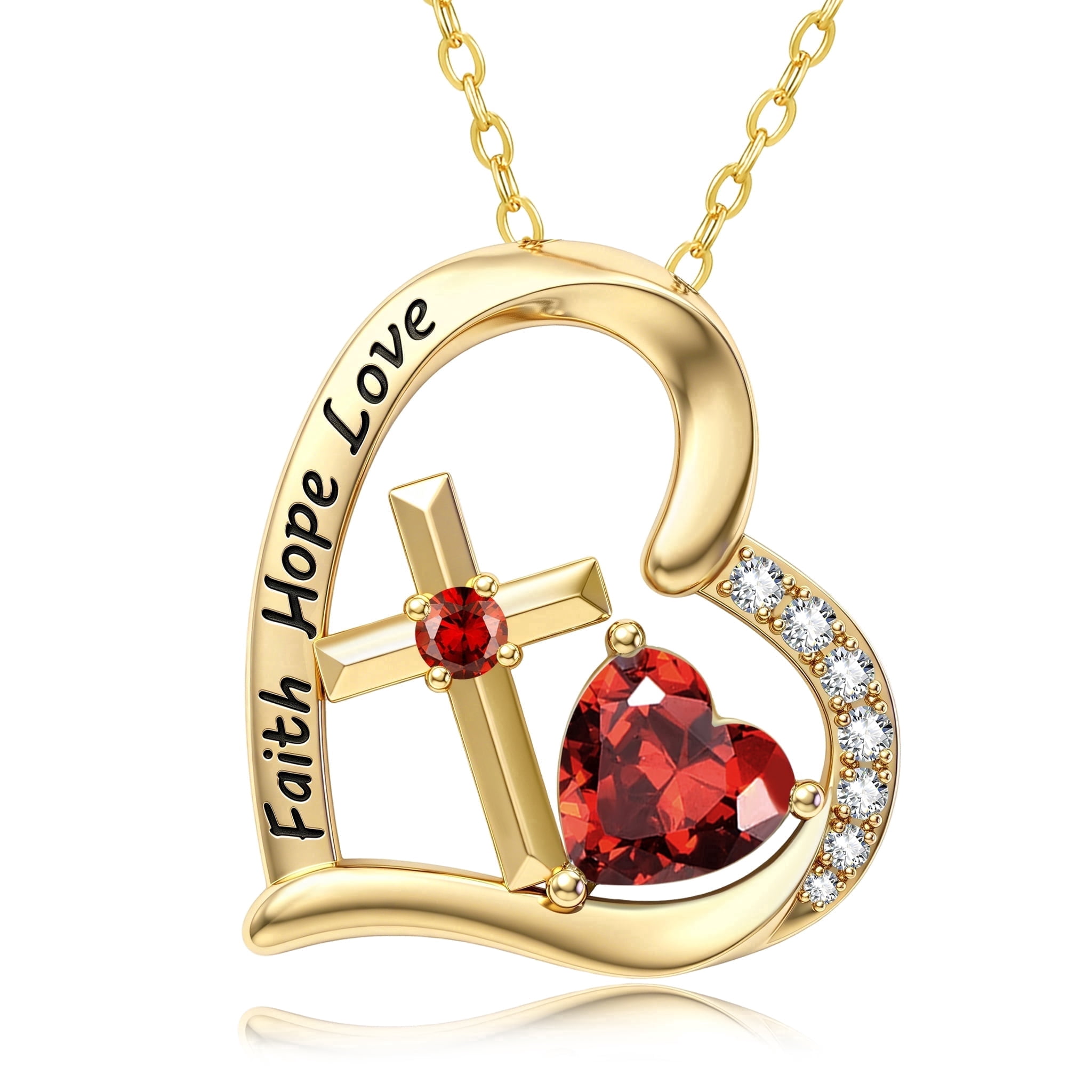 HXWZB 14K Gold Plated Heart Cross Necklace for Women, Birthstone Pendant