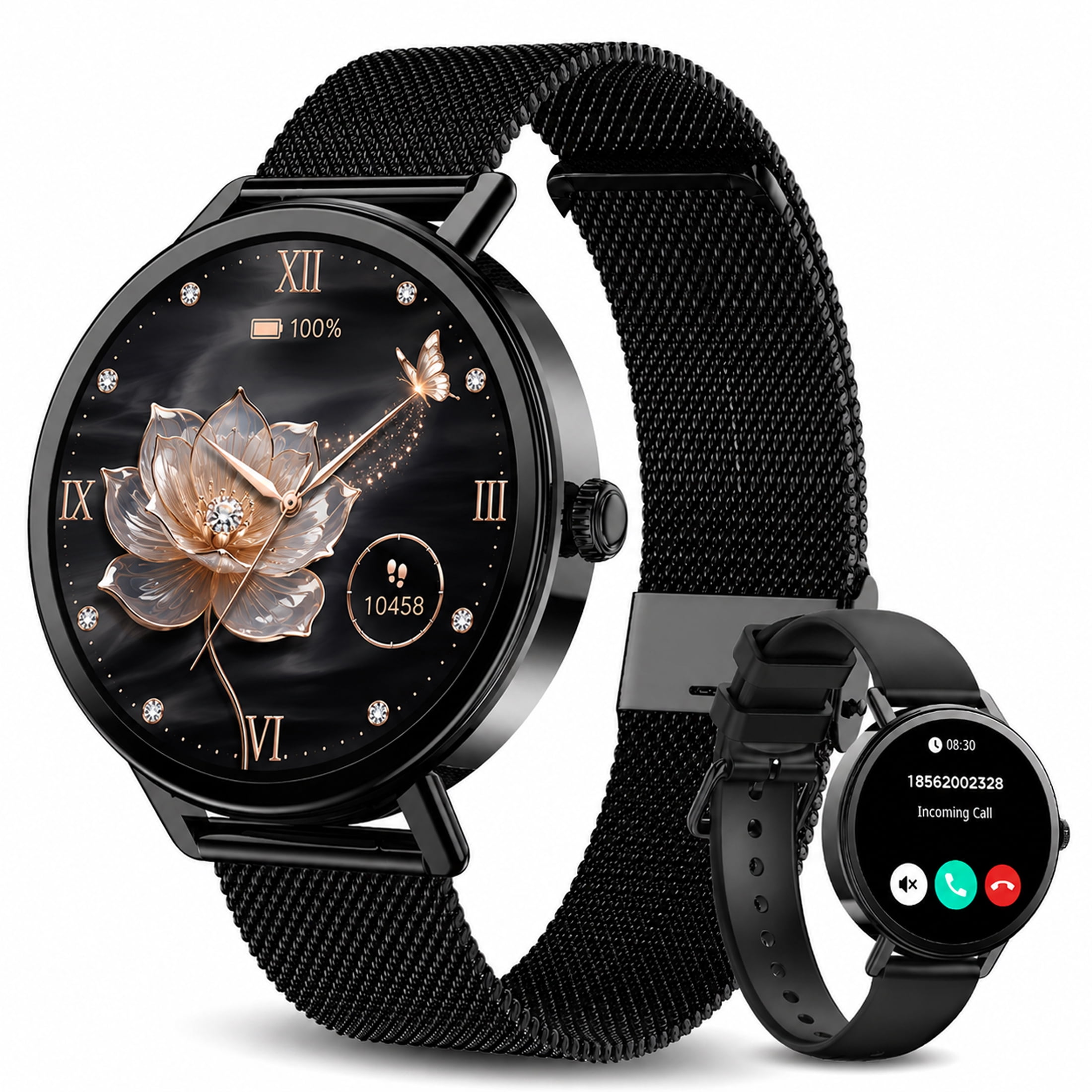 IOWODO Smart Watch for Women Men, Bluetooth Calling Fitness Tracker, 1.26" Touch Screen, 100+ Sport Modes, Message Notifications, Compatible with Android iPhone (Black)