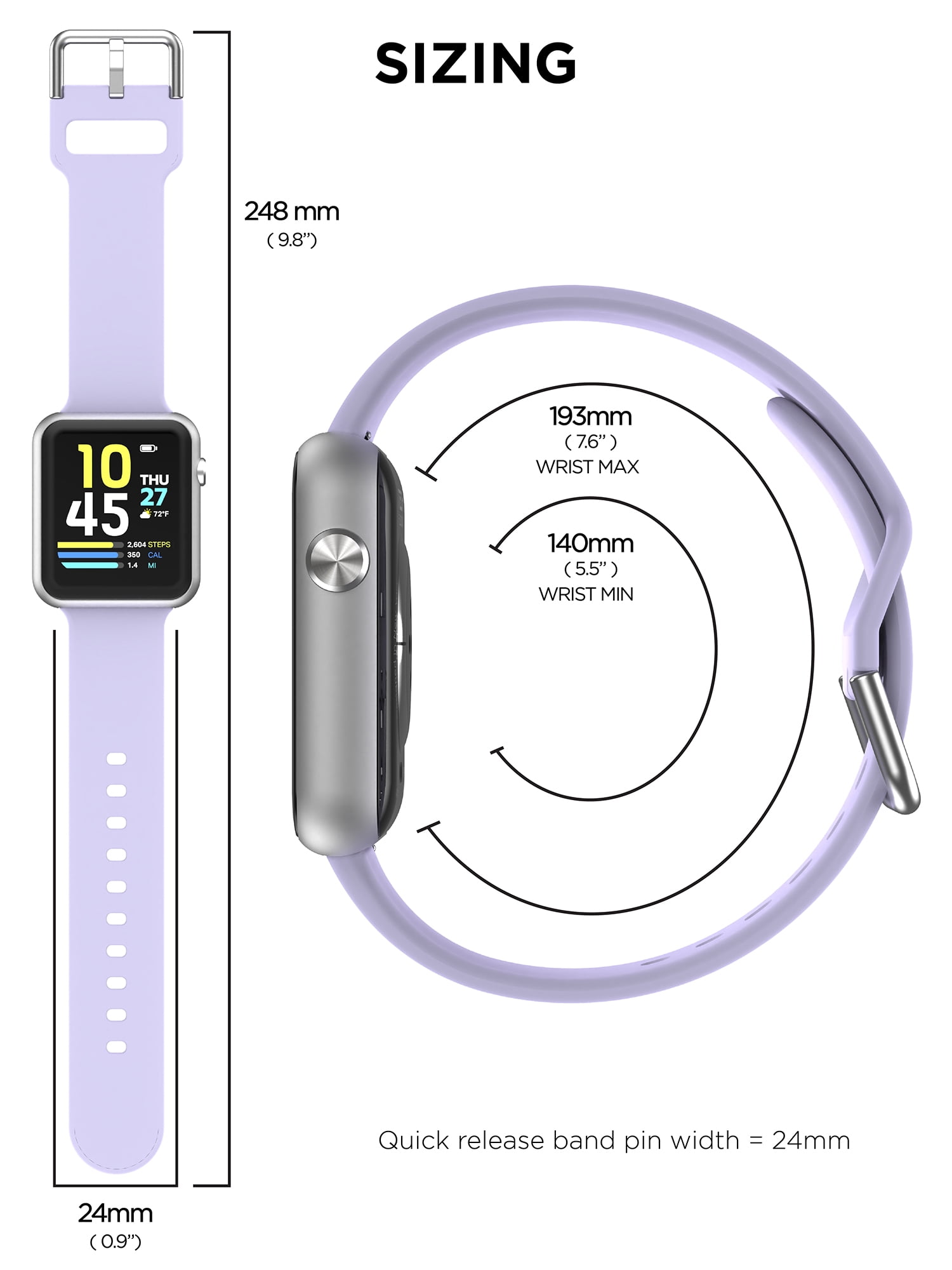 iTech Fusion 3 Unisex Adult Rectangular Smart Watch, Lilac, Silicone Strap - Image 4