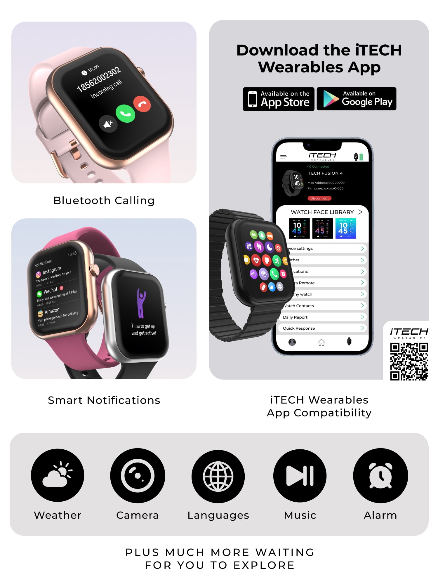 iTech Fusion 4 Unisex Adult Rectangular Smart Watch, Silver, Red Silicone Strap - Image 3