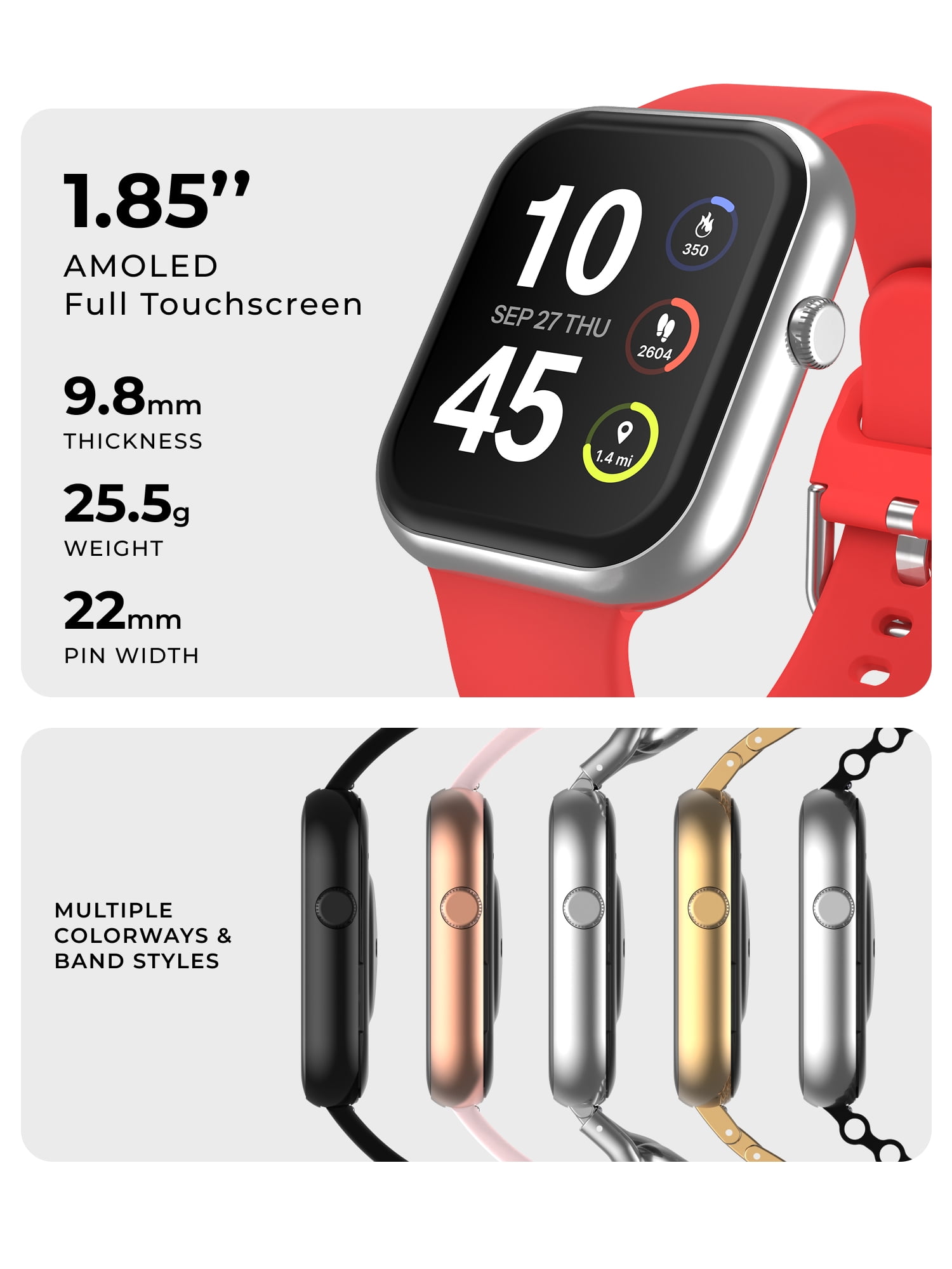 iTech Fusion 4 Unisex Adult Rectangular Smart Watch, Silver, Red Silicone Strap - Image 2