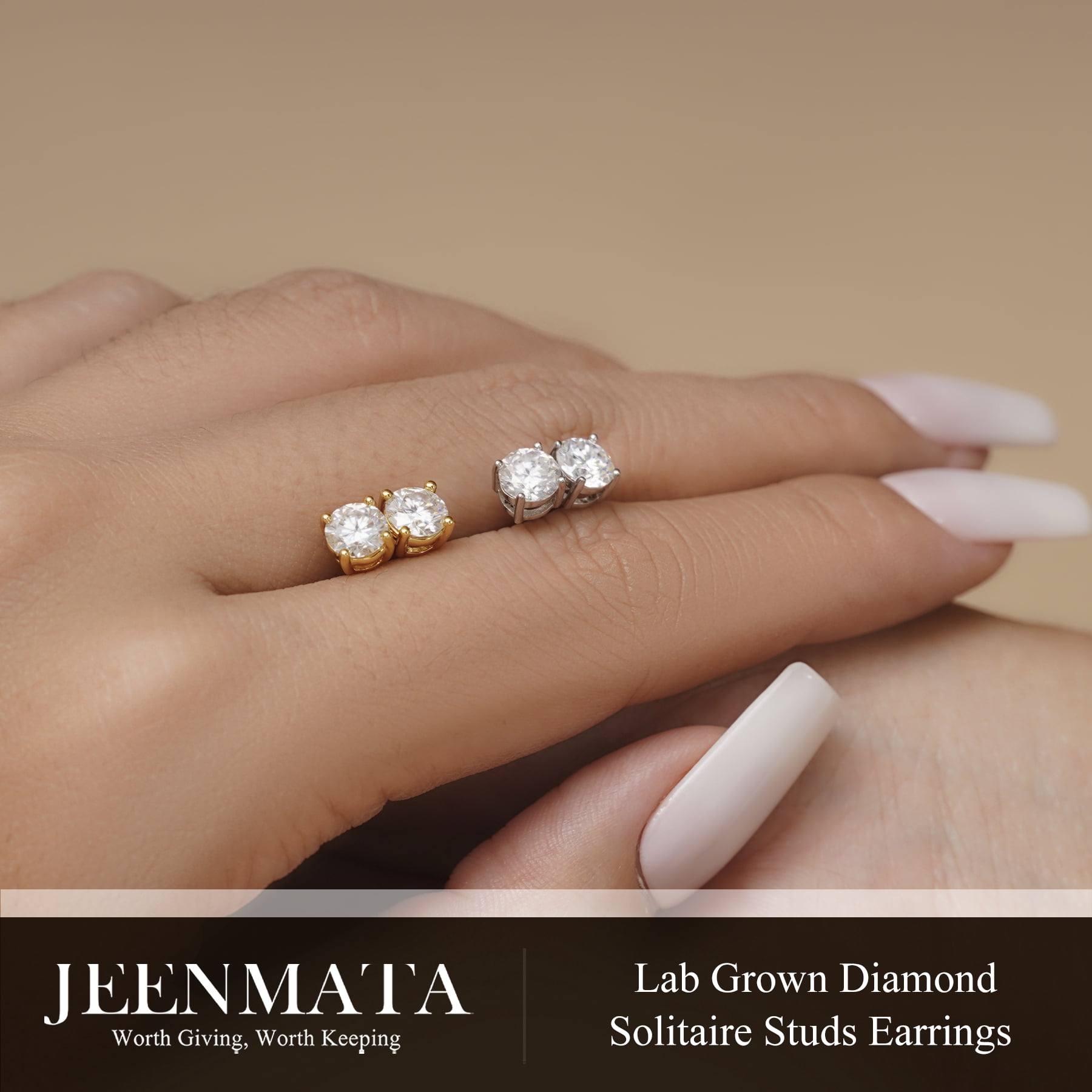 JeenMata Lab Grown Diamond Earrings 0.50 Carat Round Cut 18K White Gold Plated Solitaire Studs for Women - Image 3