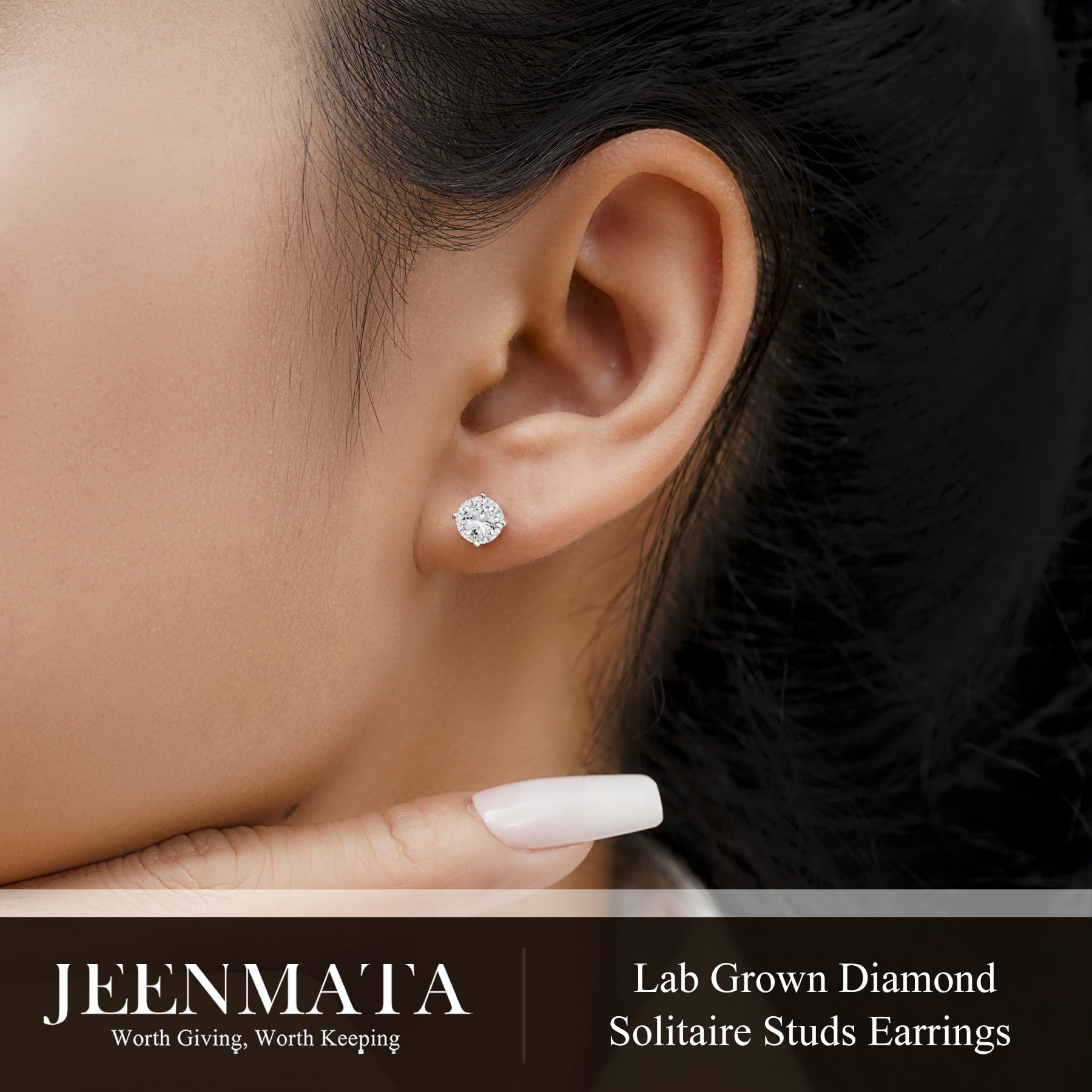 JeenMata Lab Grown Diamond Earrings 0.50 Carat Round Cut 18K White Gold Plated Solitaire Studs for Women - Image 2