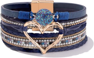 JennyShop Trendy Resin Stone Rhinestone Bracelets with Magnetic Clasp for Women Mother Gift Jewelry,Pretty Heart Leather Wrap Bracelets Stackable Cuff Bangles