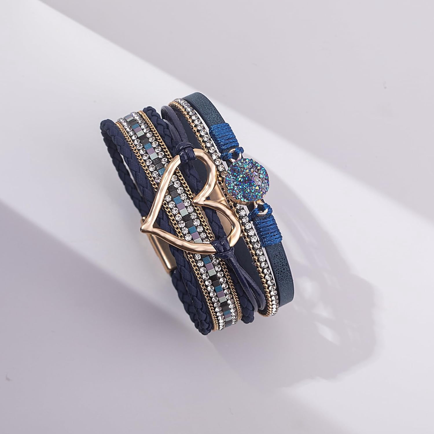 JennyShop Trendy Resin Stone Rhinestone Bracelets with Magnetic Clasp for Women Mother Gift Jewelry,Pretty Heart Leather Wrap Bracelets Stackable Cuff Bangles - Image 3