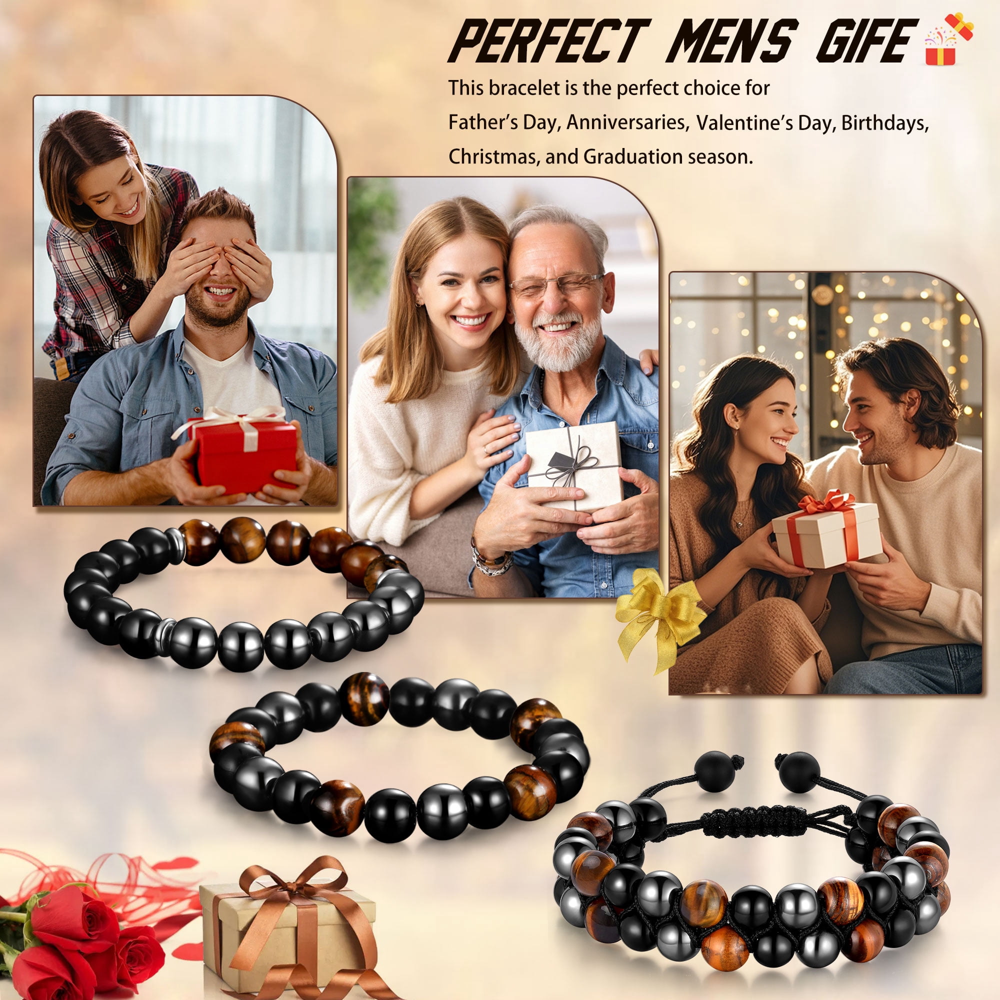 Jewmon 10mm Energy Beads Bracelet for Men Natural Black Obsidian Hematite Tiger Eye Triple Protection Bracelet Anxiety Relief Jewelry Gifts Ideal for Dad Husband - Image 4