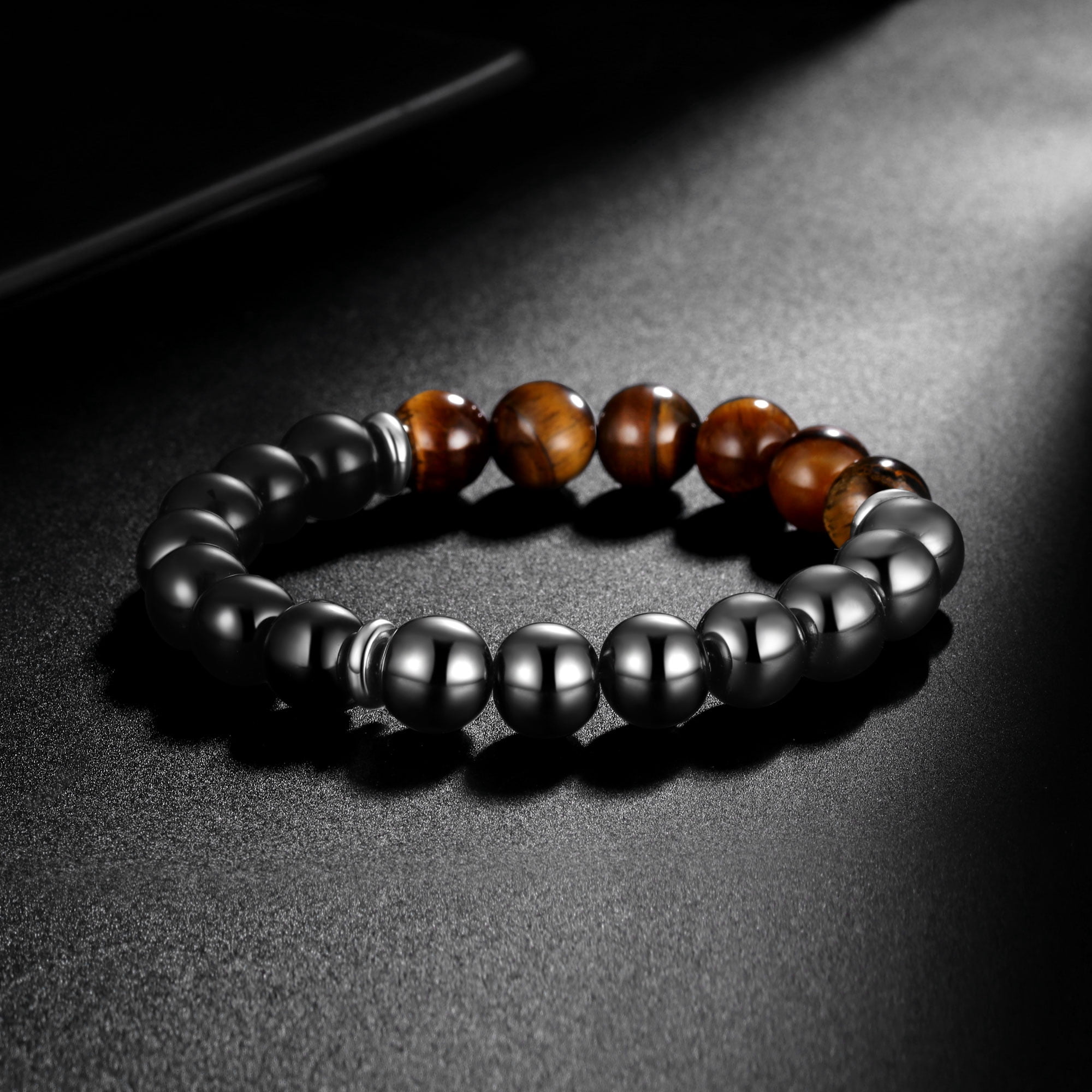 Jewmon 10mm Energy Beads Bracelet for Men Natural Black Obsidian Hematite Tiger Eye Triple Protection Bracelet Anxiety Relief Jewelry Gifts Ideal for Dad Husband - Image 2