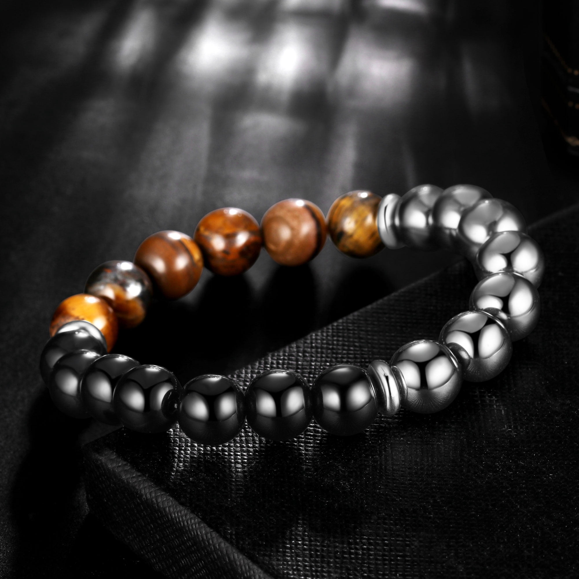 Jewmon 10mm Energy Beads Bracelet for Men Natural Black Obsidian Hematite Tiger Eye Triple Protection Bracelet Anxiety Relief Jewelry Gifts Ideal for Dad Husband - Image 3