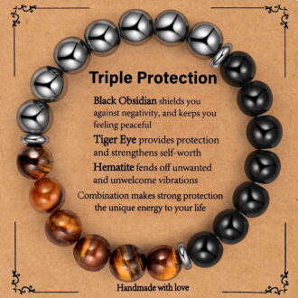 Jewmon 10mm Energy Beads Bracelet for Men Natural Black Obsidian Hematite Tiger Eye Triple Protection Bracelet Anxiety Relief Jewelry Gifts Ideal for Dad Husband