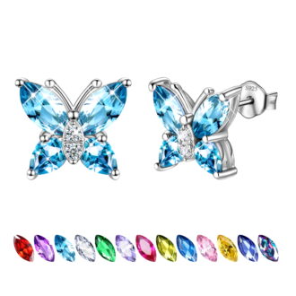 Juwaliy March Birthstone Earrings Blue Butterfly Earring Stud Aquamarine 925 Sterling Silver Women Jewelry Wife Valentines Christmas Mother's Day Gift