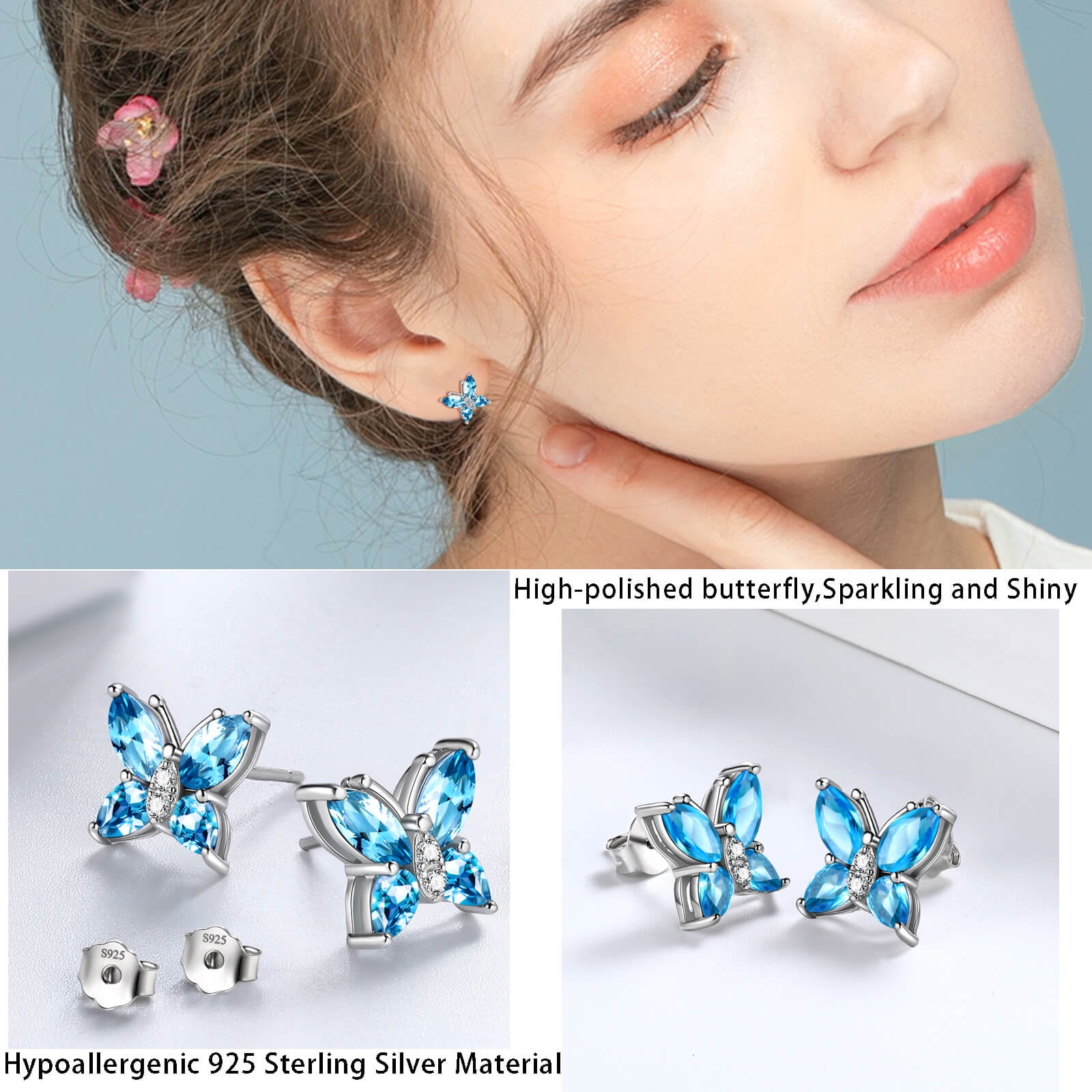 Juwaliy March Birthstone Earrings Blue Butterfly Earring Stud Aquamarine 925 Sterling Silver Women Jewelry Wife Valentines Christmas Mother's Day Gift - Image 4