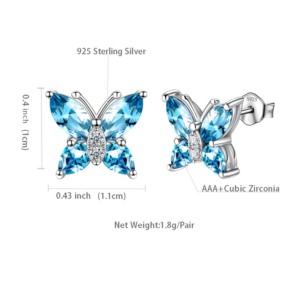 Juwaliy March Birthstone Earrings Blue Butterfly Earring Stud Aquamarine 925 Sterling Silver Women Jewelry Wife Valentines Christmas Mother's Day Gift - Image 5