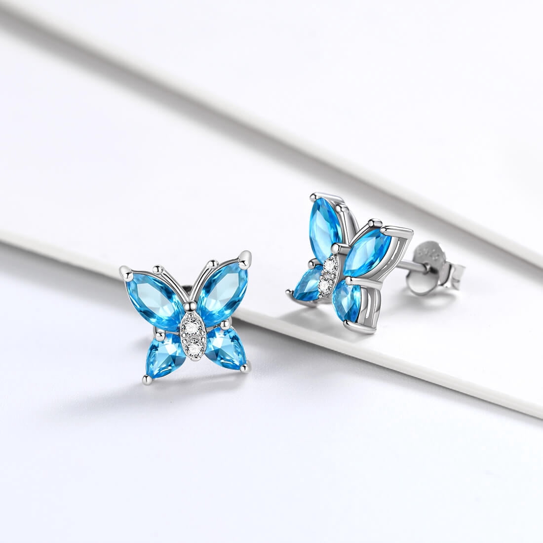 Juwaliy March Birthstone Earrings Blue Butterfly Earring Stud Aquamarine 925 Sterling Silver Women Jewelry Wife Valentines Christmas Mother's Day Gift - Image 3