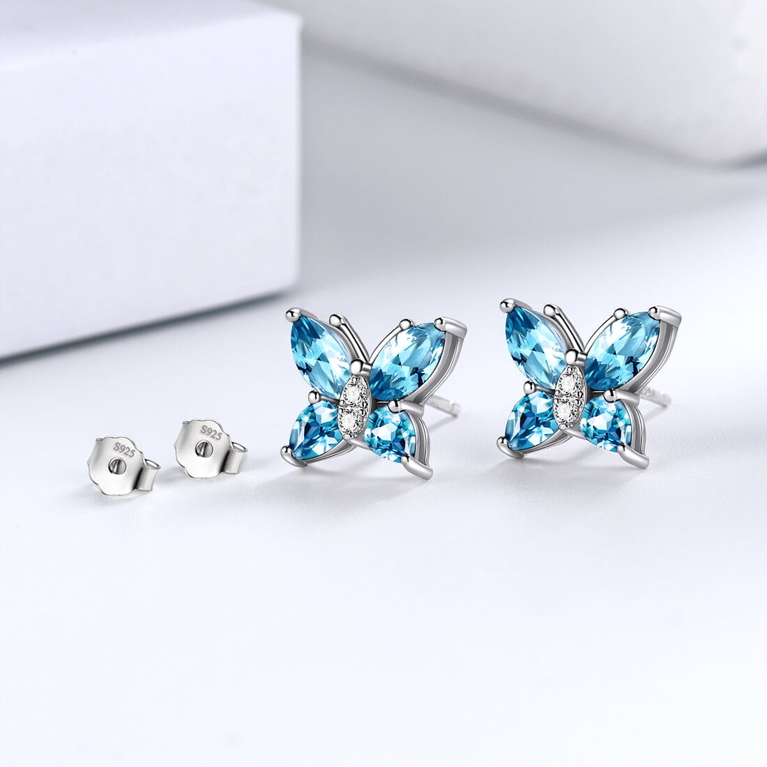 Juwaliy March Birthstone Earrings Blue Butterfly Earring Stud Aquamarine 925 Sterling Silver Women Jewelry Wife Valentines Christmas Mother's Day Gift - Image 2