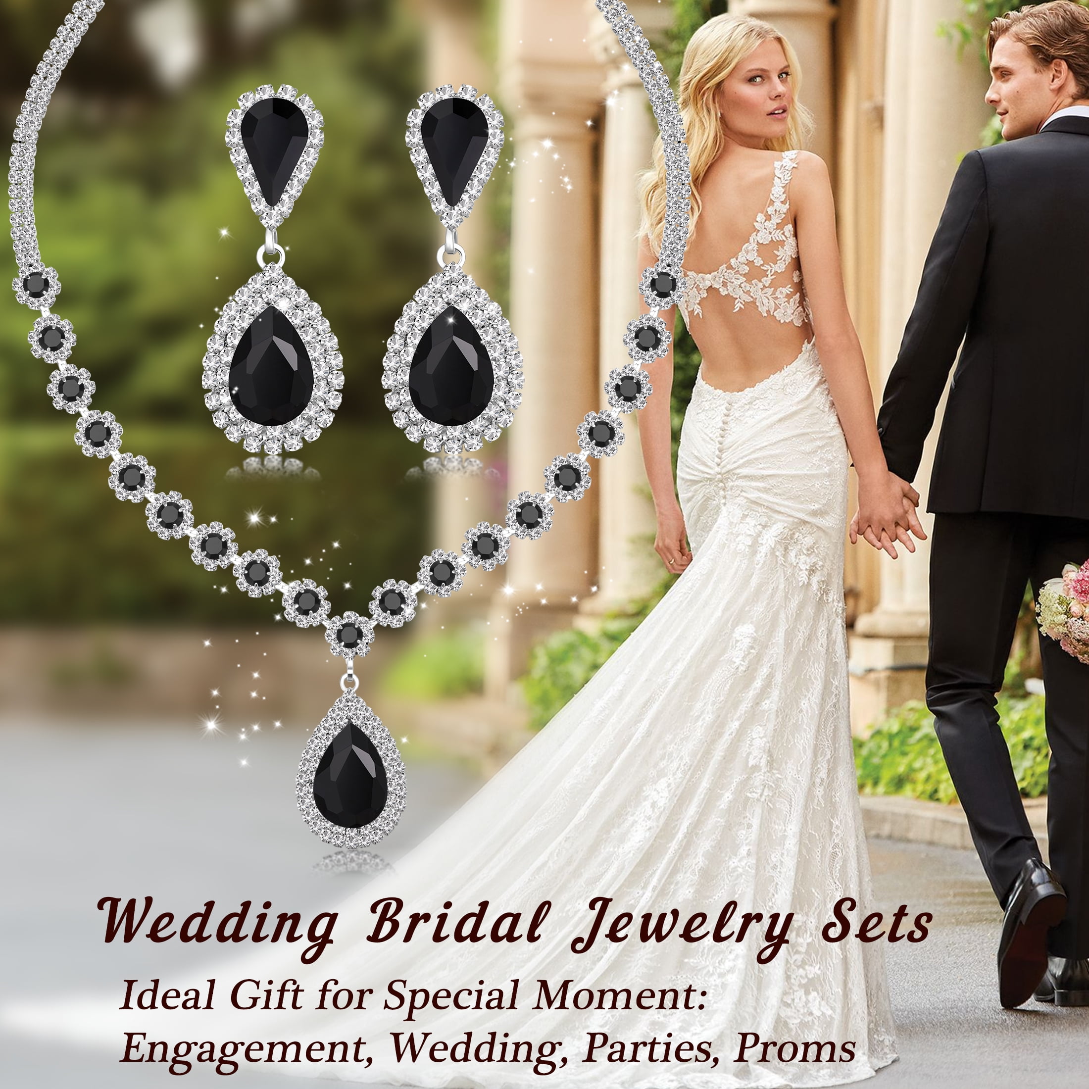 Juwaliy Women Bridal Wedding Jewelry Set Teardrop Crystal Necklace Earrings for Bride Bridesmaid Party Prom Gifts Black - Image 4