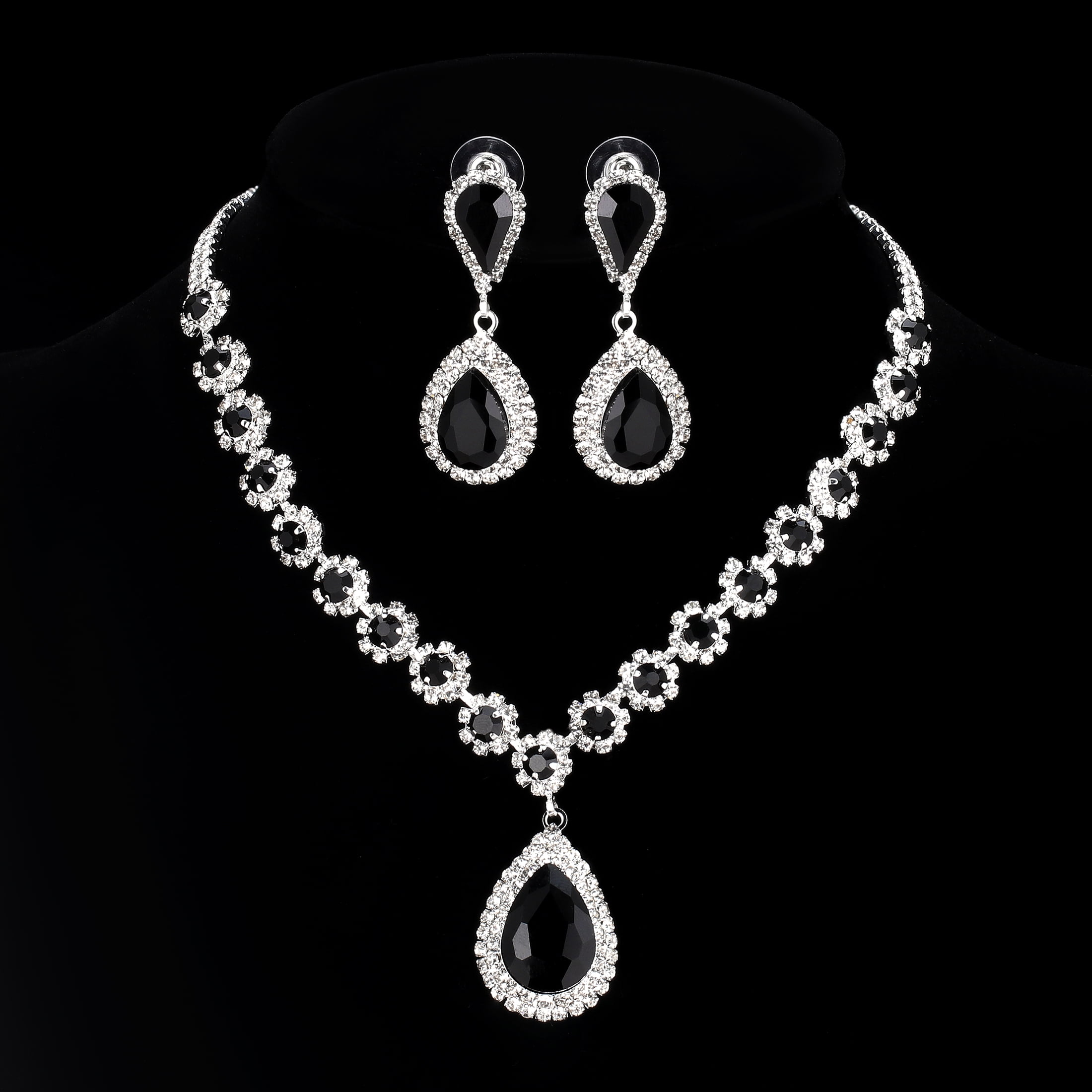 Juwaliy Women Bridal Wedding Jewelry Set Teardrop Crystal Necklace Earrings for Bride Bridesmaid Party Prom Gifts Black - Image 2