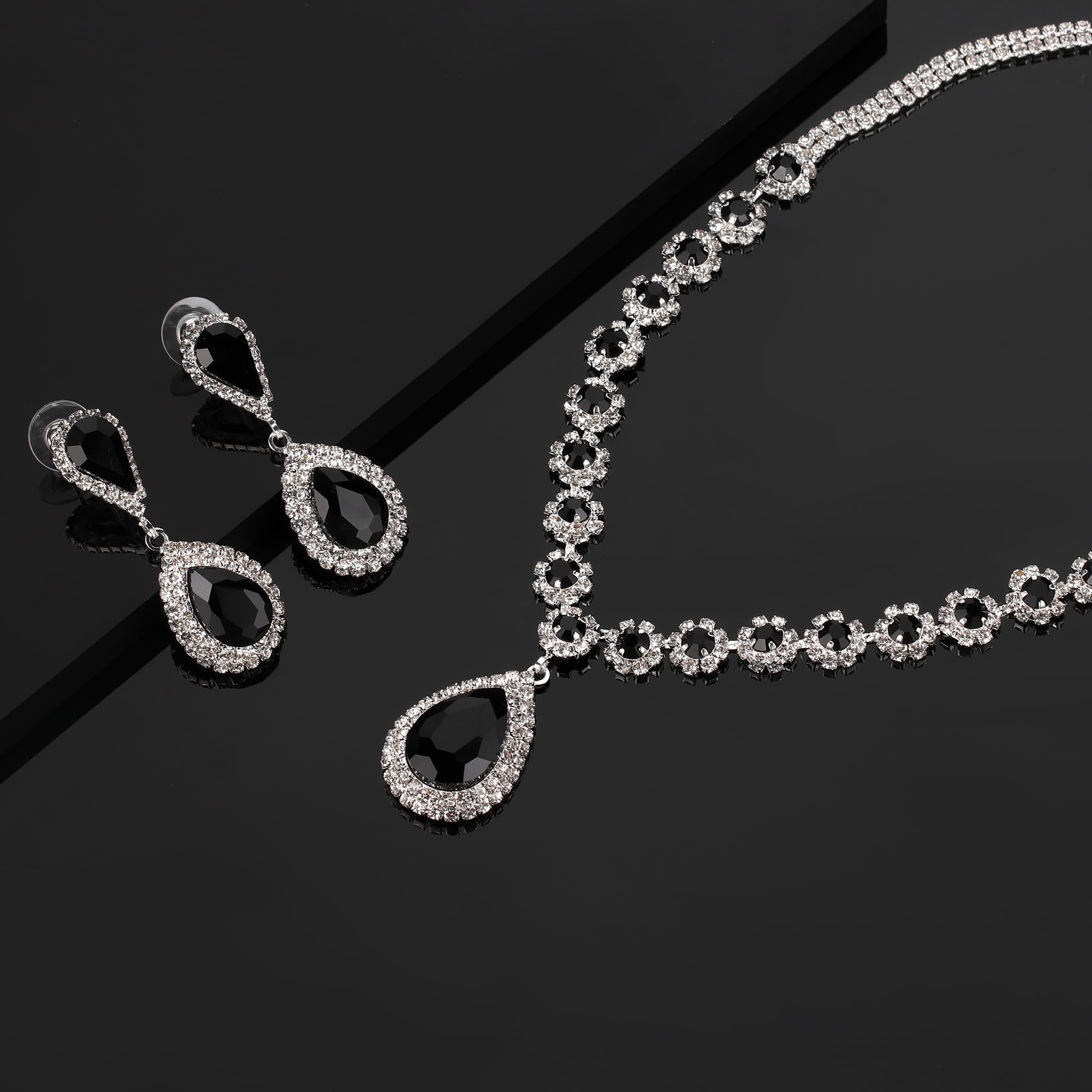 Juwaliy Women Bridal Wedding Jewelry Set Teardrop Crystal Necklace Earrings for Bride Bridesmaid Party Prom Gifts Black - Image 3