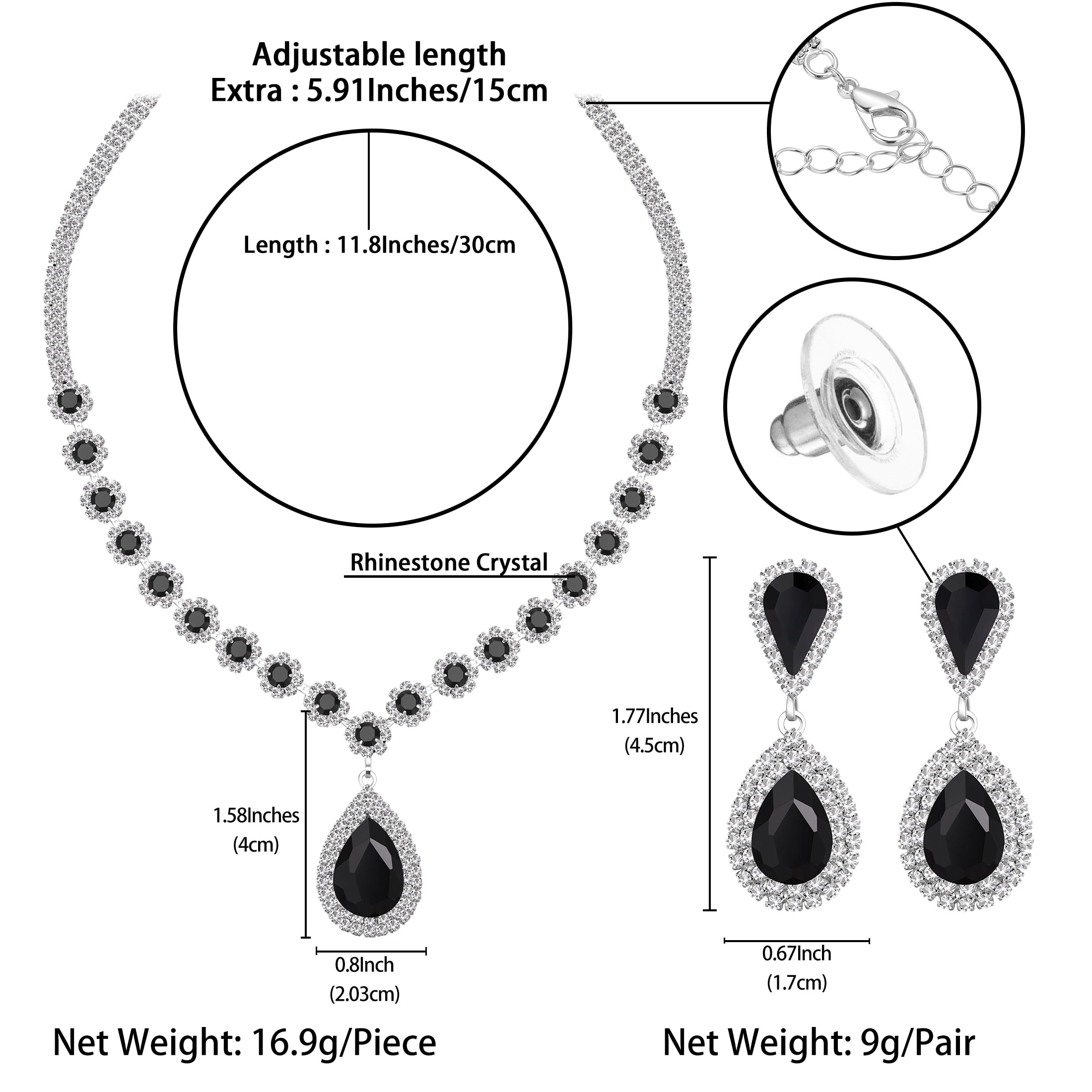 Juwaliy Women Bridal Wedding Jewelry Set Teardrop Crystal Necklace Earrings for Bride Bridesmaid Party Prom Gifts Black - Image 5
