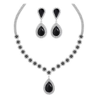 Juwaliy Women Bridal Wedding Jewelry Set Teardrop Crystal Necklace Earrings for Bride Bridesmaid Party Prom Gifts Black