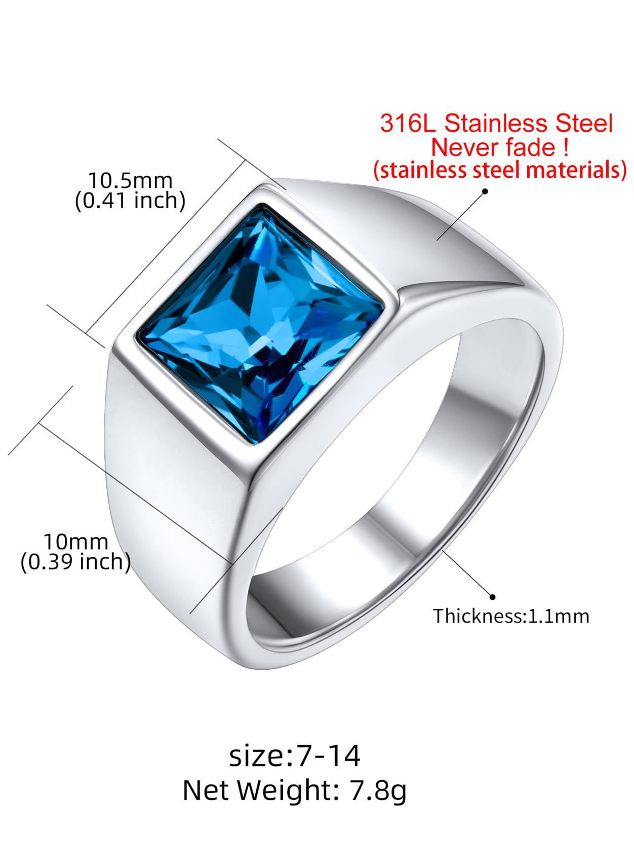 KeyStyle Rings for Men Stainless Steel Statement Ring with Blue Topaz Birthstone Signet Ring Birthday Gemstone Jewelry Father Day Valentine's Day Gift for Men, 8mm Blue Topaz - Image 4