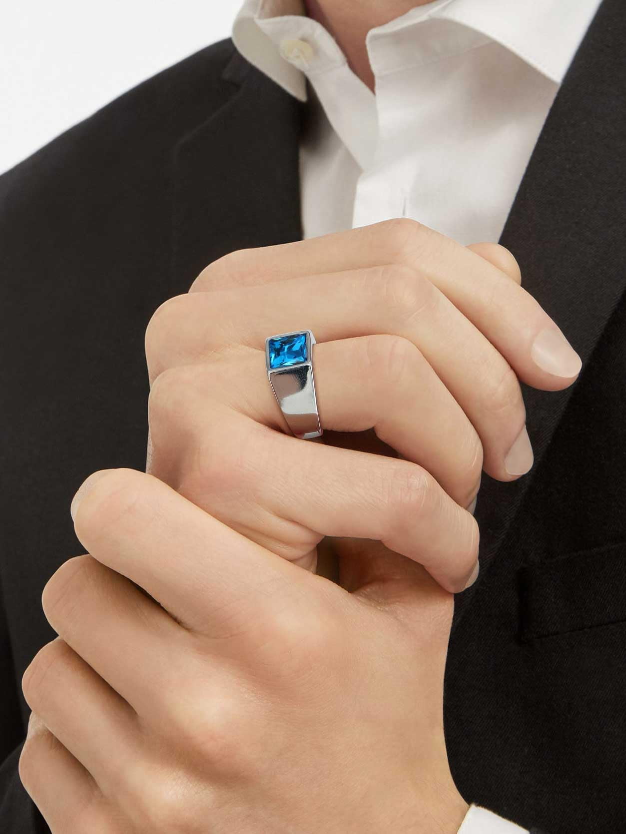 KeyStyle Rings for Men Stainless Steel Statement Ring with Blue Topaz Birthstone Signet Ring Birthday Gemstone Jewelry Father Day Valentine's Day Gift for Men, 8mm Blue Topaz - Image 2