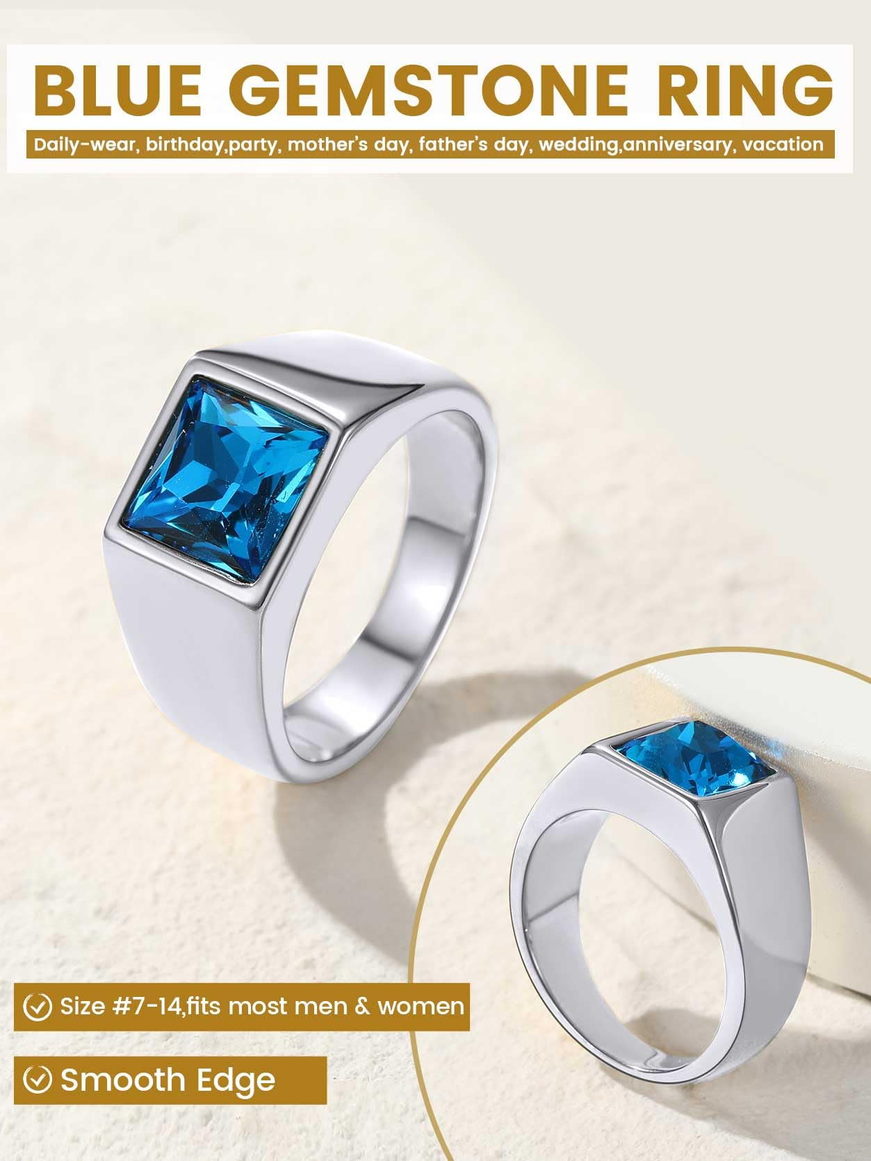 KeyStyle Rings for Men Stainless Steel Statement Ring with Blue Topaz Birthstone Signet Ring Birthday Gemstone Jewelry Father Day Valentine's Day Gift for Men, 8mm Blue Topaz - Image 3
