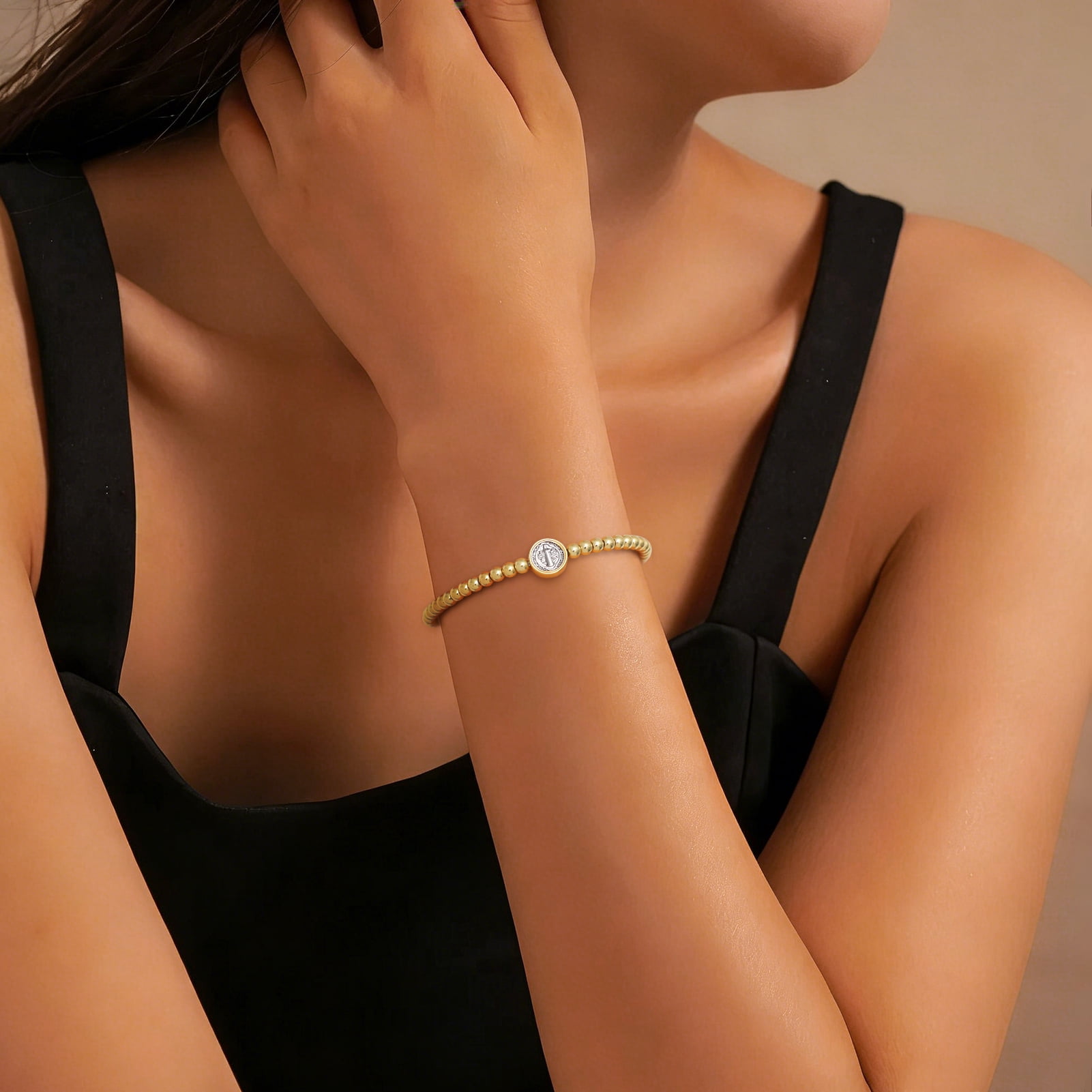 KOMI Gold Bracelets for Women 14K Gold-plated Beaded St Benedict Medal Religious Stretch Stackable Bracelet Jewelry Catholic Confirmation Gifts - Image 4