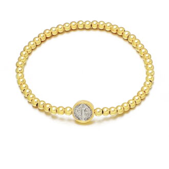 KOMI Gold Bracelets for Women 14K Gold-plated Beaded St Benedict Medal Religious Stretch Stackable Bracelet Jewelry Catholic Confirmation Gifts
