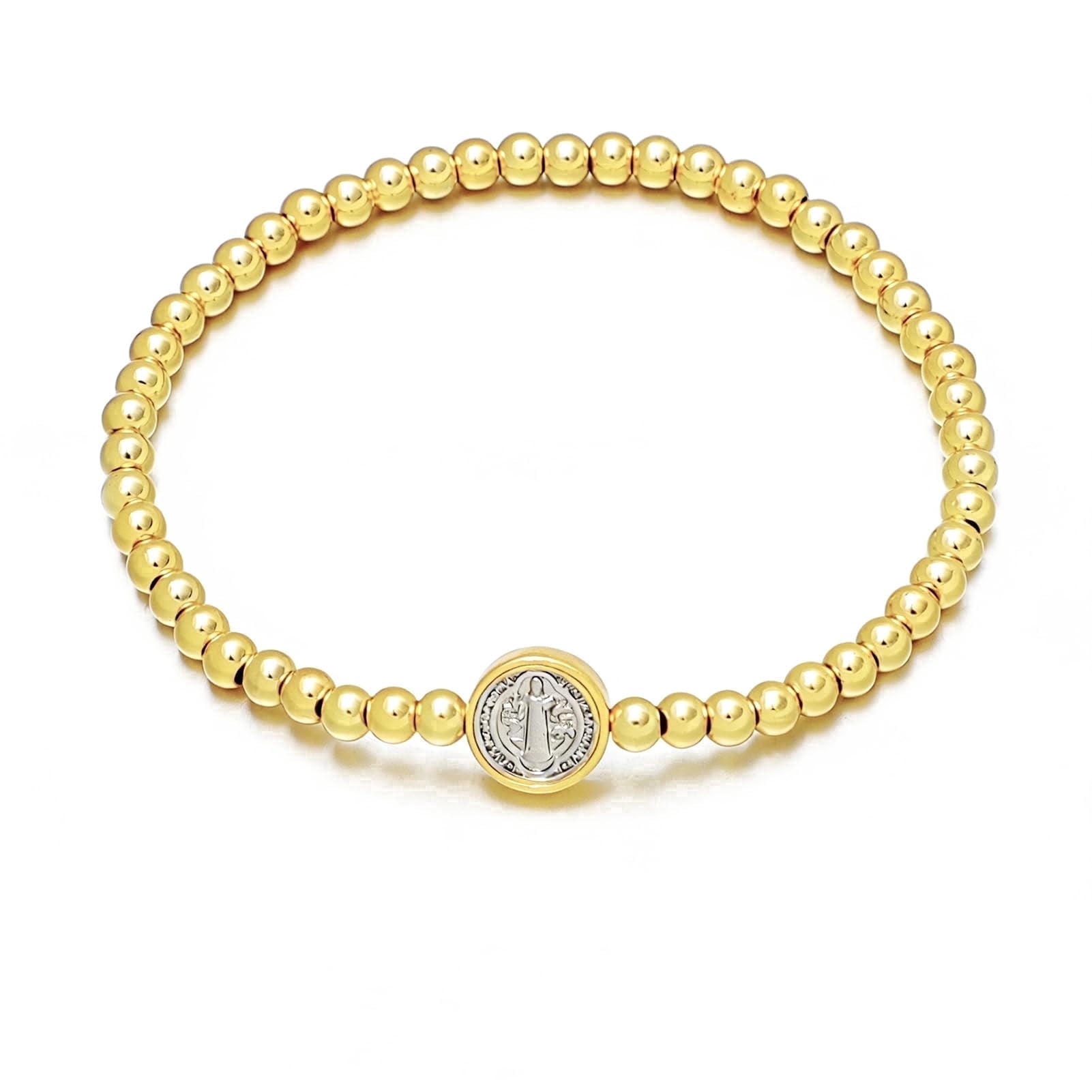 KOMI Gold Bracelets for Women 14K Gold-plated Beaded St Benedict Medal Religious Stretch Stackable Bracelet Jewelry Catholic Confirmation Gifts