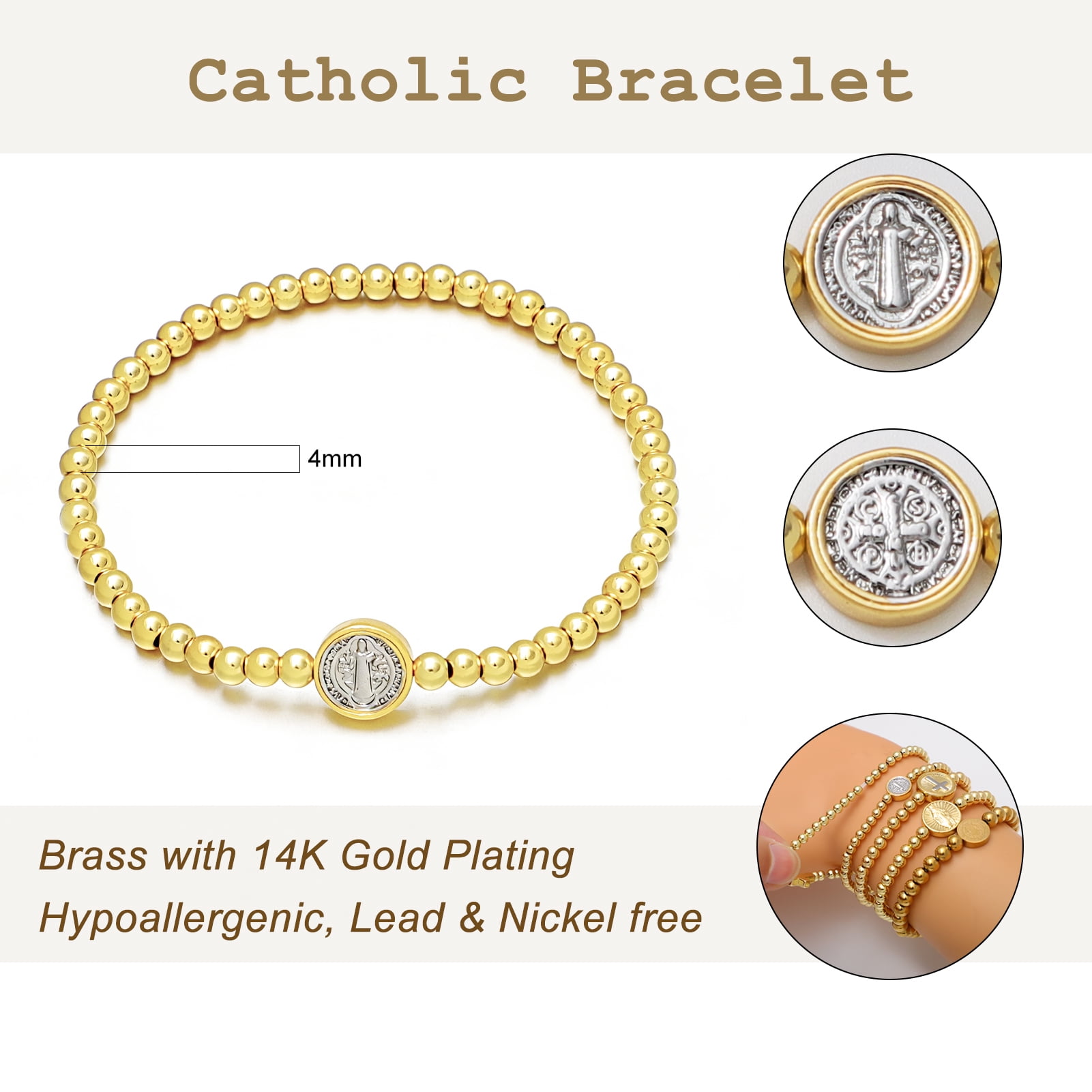 KOMI Gold Bracelets for Women 14K Gold-plated Beaded St Benedict Medal Religious Stretch Stackable Bracelet Jewelry Catholic Confirmation Gifts - Image 5
