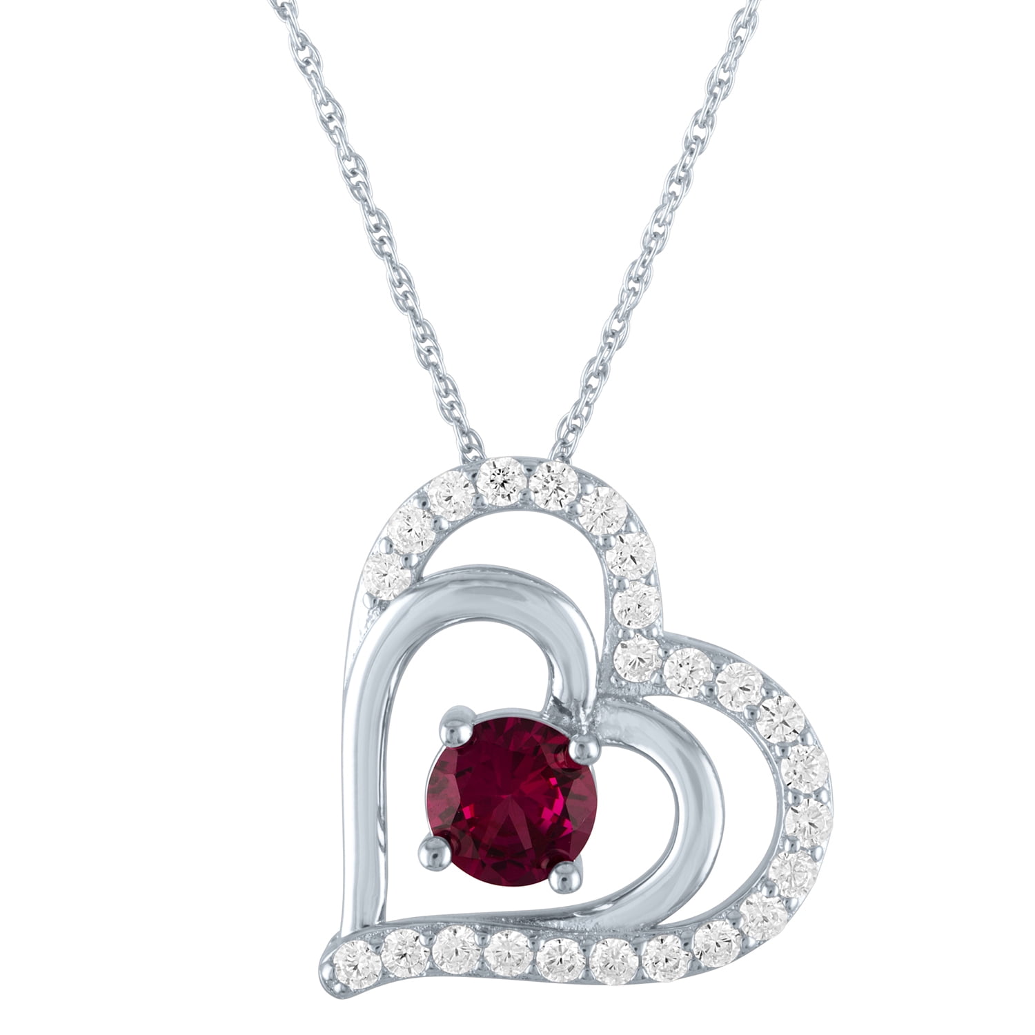 Ladies Brilliance Fine Jewelry Simulated Ruby and CZ Sterling Silver Heart Pendant, 18"