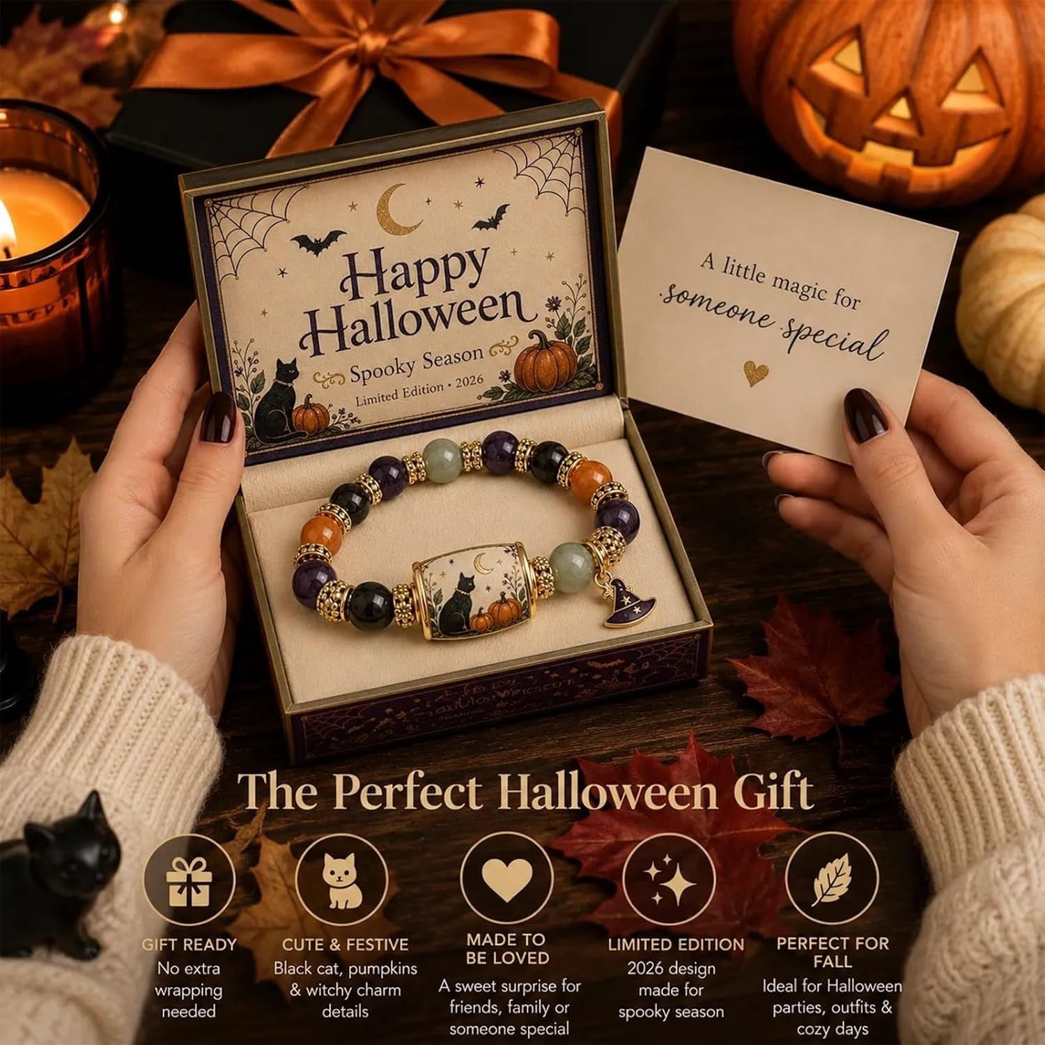 Limited Edition 2026 Halloween Black Cat Pumpkin Beaded Bracelet Gift Set | Stretchable Adjustable Bead Bracelet with Witch Hat Charm, Spooky Season Jewelry for Women, Fall Autumn Jewelry Gift - Image 4