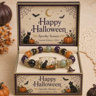 Limited Edition 2026 Halloween Black Cat Pumpkin Beaded Bracelet Gift Set | Stretchable Adjustable Bead Bracelet with Witch Hat Charm, Spooky Season Jewelry for Women, Fall Autumn Jewelry Gift