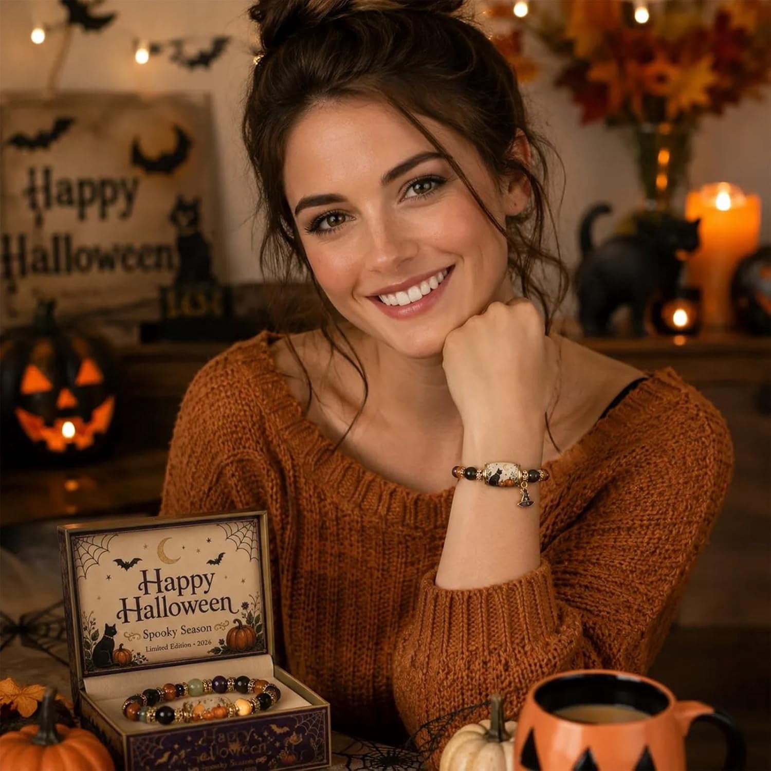Limited Edition 2026 Halloween Black Cat Pumpkin Beaded Bracelet Gift Set | Stretchable Adjustable Bead Bracelet with Witch Hat Charm, Spooky Season Jewelry for Women, Fall Autumn Jewelry Gift - Image 2