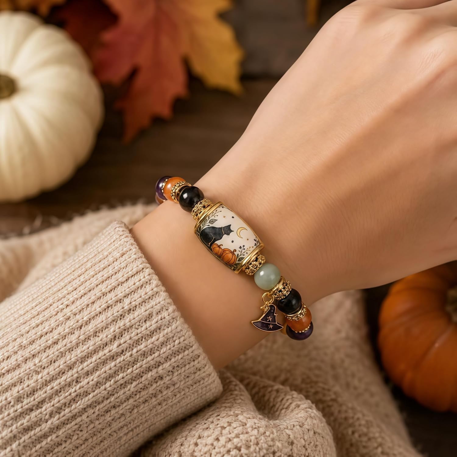 Limited Edition 2026 Halloween Black Cat Pumpkin Beaded Bracelet Gift Set | Stretchable Adjustable Bead Bracelet with Witch Hat Charm, Spooky Season Jewelry for Women, Fall Autumn Jewelry Gift - Image 3