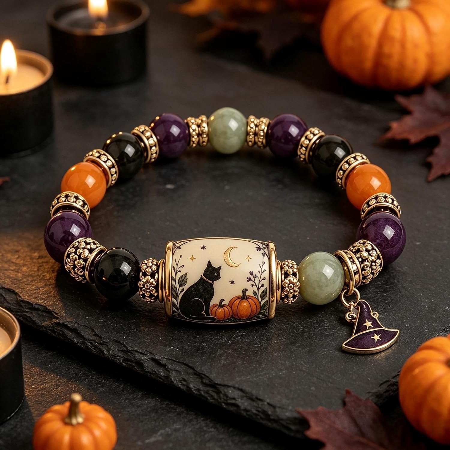 Limited Edition 2026 Halloween Black Cat Pumpkin Beaded Bracelet Gift Set | Stretchable Adjustable Bead Bracelet with Witch Hat Charm, Spooky Season Jewelry for Women, Fall Autumn Jewelry Gift - Image 5