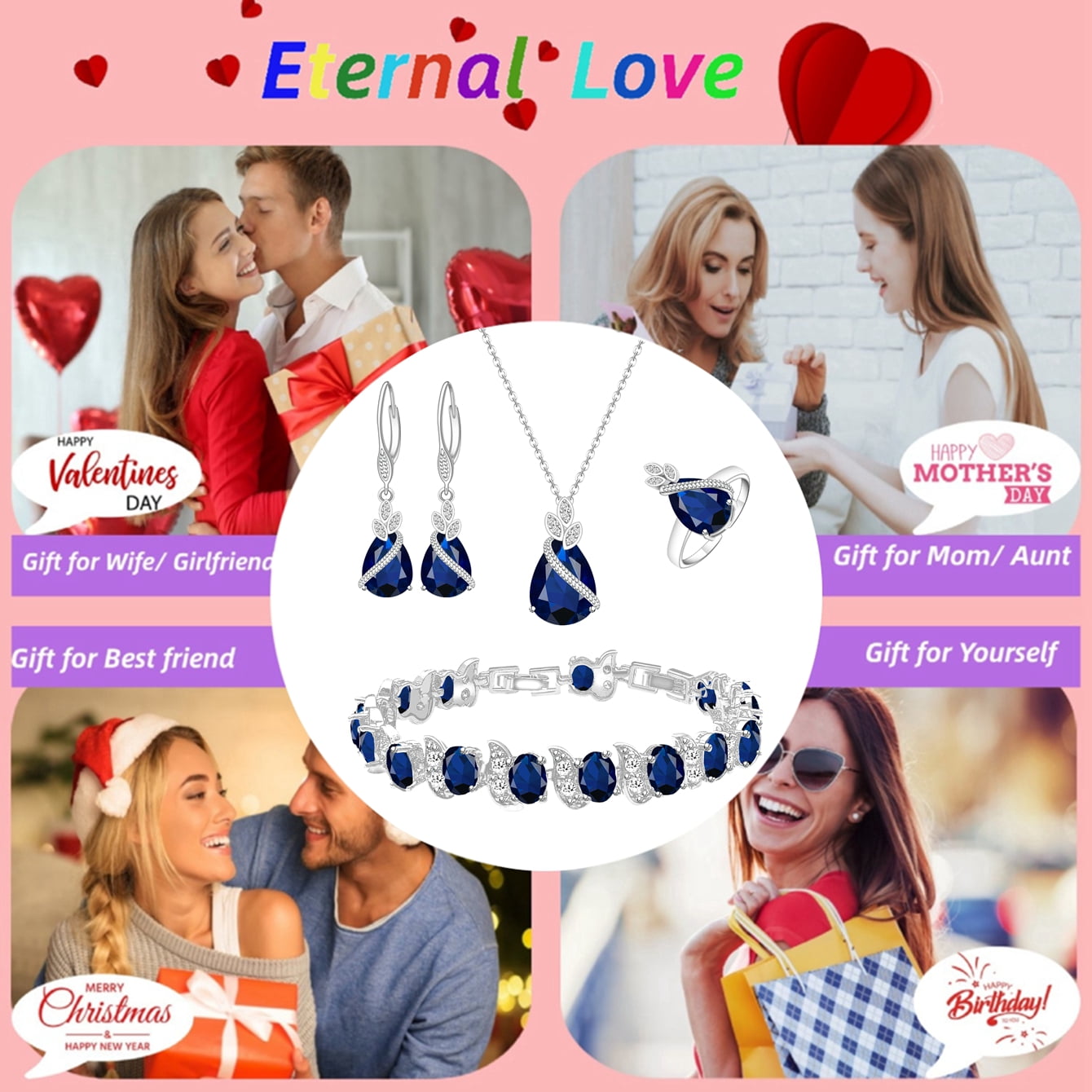 LMXXVJ Blue Created Sapphire Jewelry Set for Women,White Gold Plated Necklace Ring Earrings Bracelet Jewelry Set Gift for Mom/Wife - Image 2