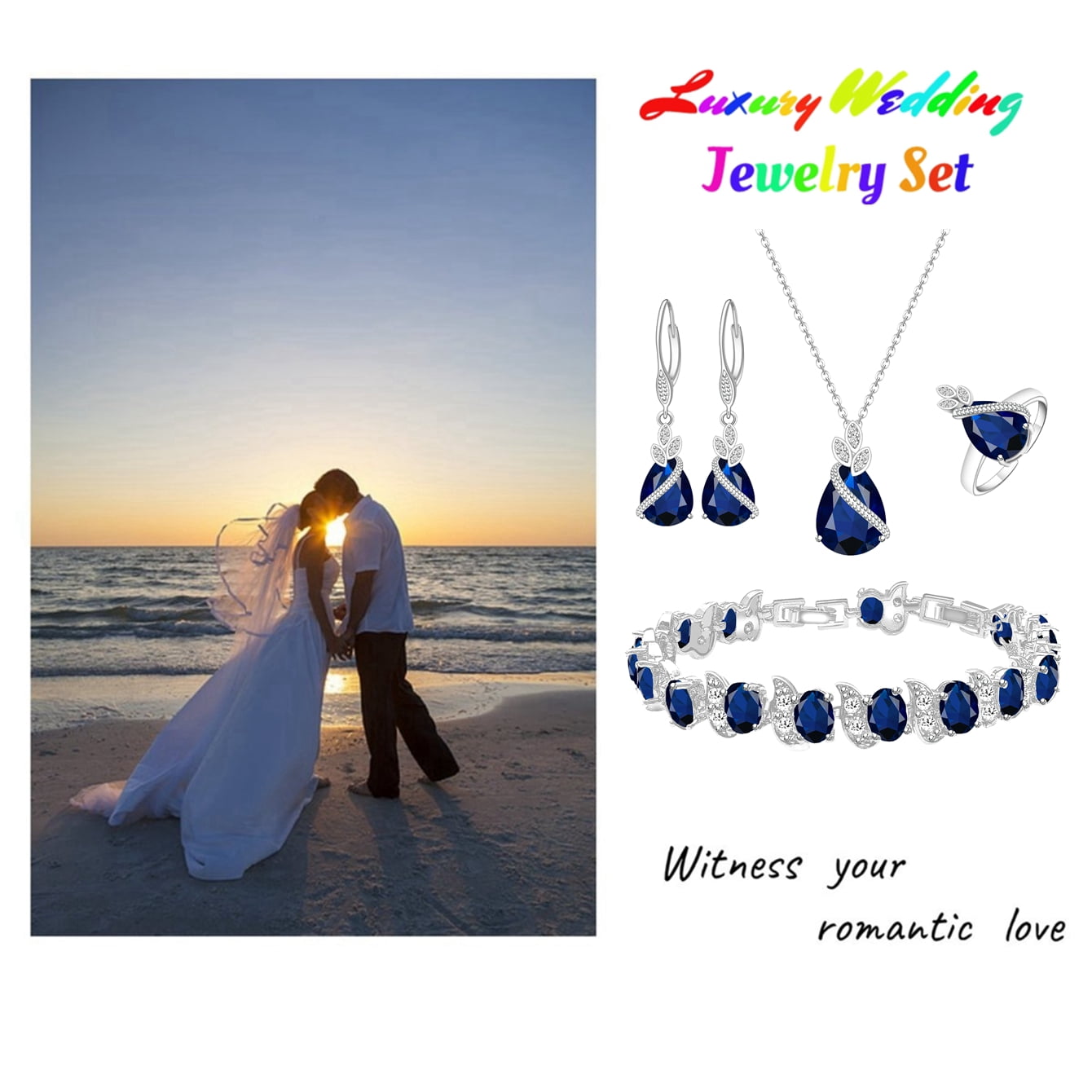 LMXXVJ Blue Created Sapphire Jewelry Set for Women,White Gold Plated Necklace Ring Earrings Bracelet Jewelry Set Gift for Mom/Wife - Image 3