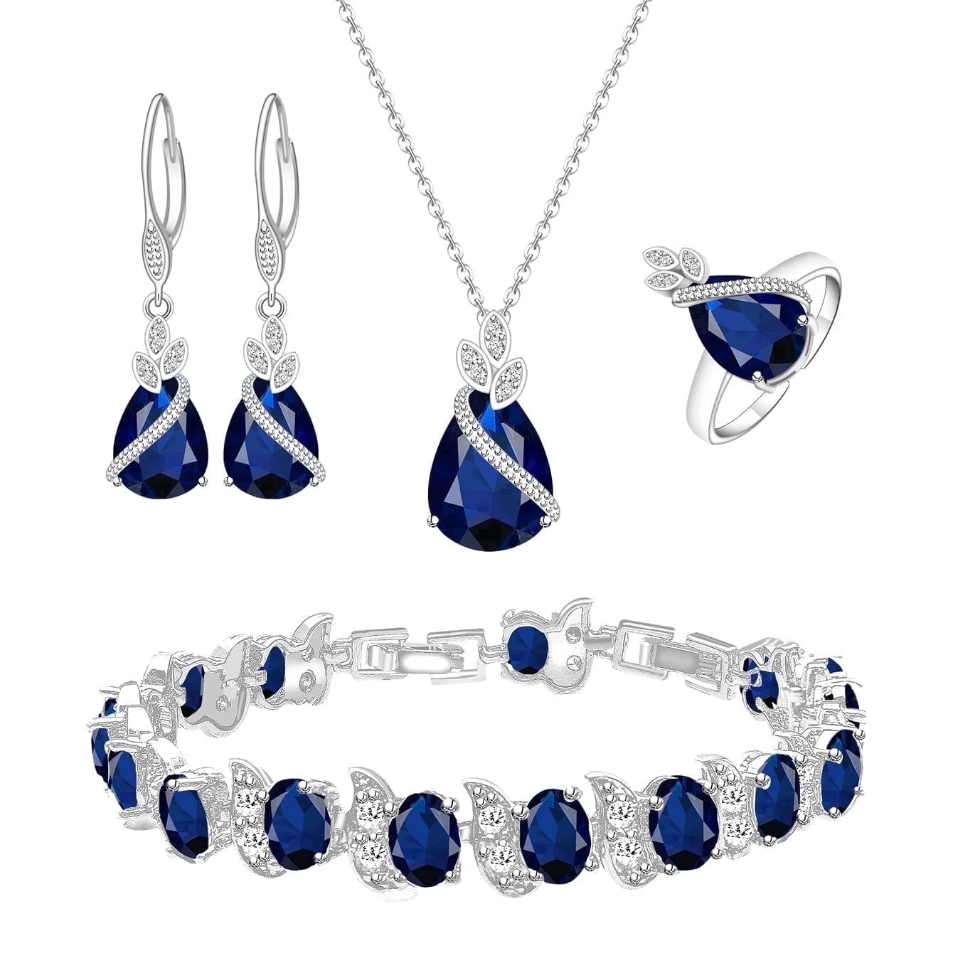 LMXXVJ Blue Created Sapphire Jewelry Set for Women,White Gold Plated Necklace Ring Earrings Bracelet Jewelry Set Gift for Mom/Wife