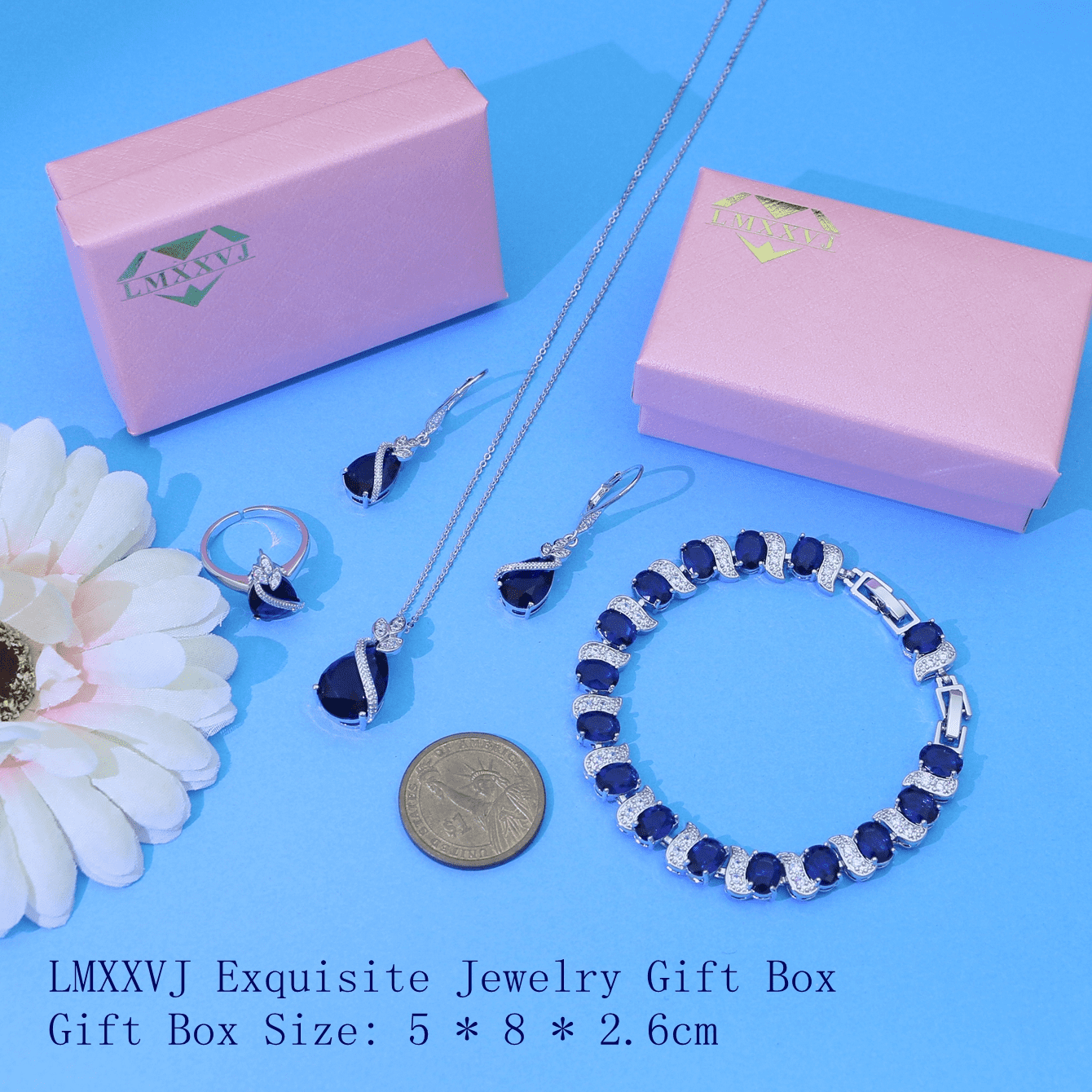 LMXXVJ Blue Created Sapphire Jewelry Set for Women,White Gold Plated Necklace Ring Earrings Bracelet Jewelry Set Gift for Mom/Wife - Image 5