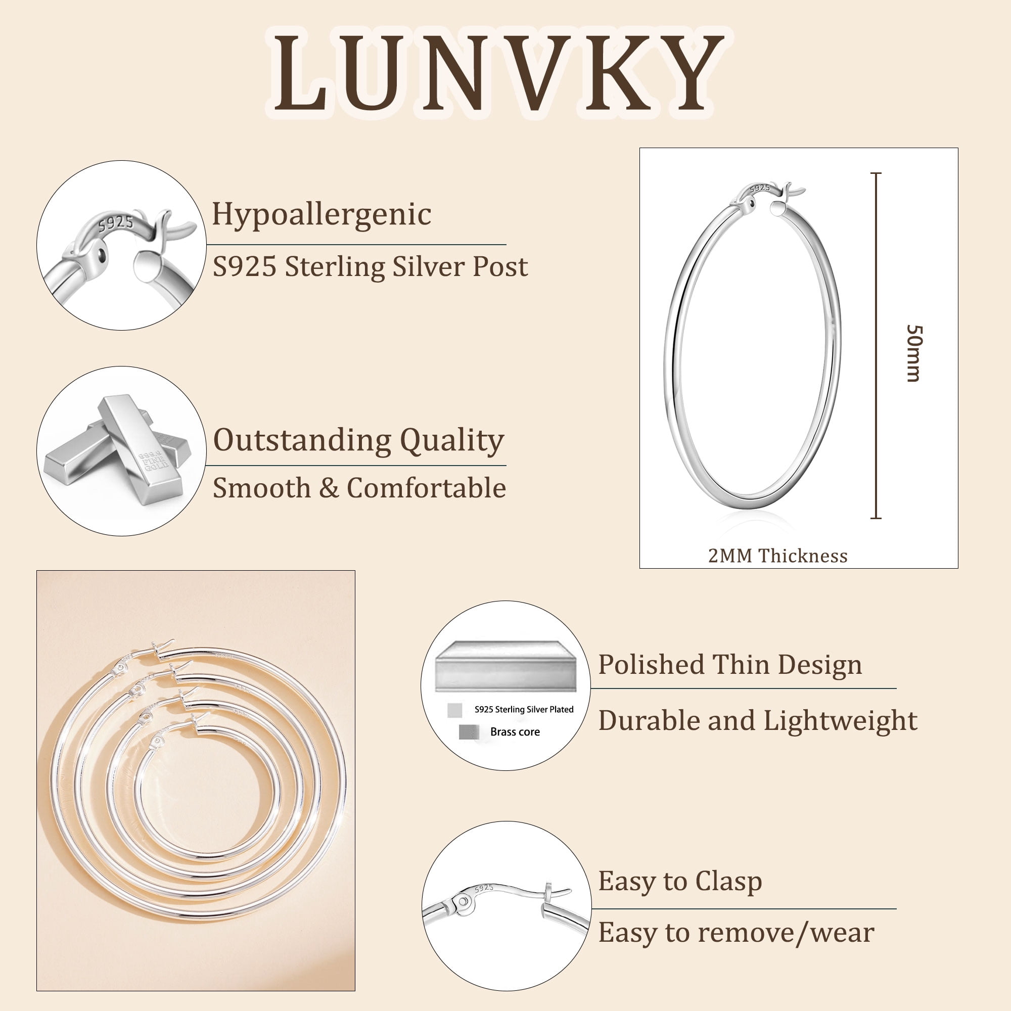 LUNVKY 18K White Gold Plated Hoop Earrings for Women Big S925 Sterling Silver Post Hypoallergenic Earrings Birthday Christmas Prom Jewelry Gifts Teen Her Adults Wife Mom Stocking Stuffers Ideas 50MM - Image 2