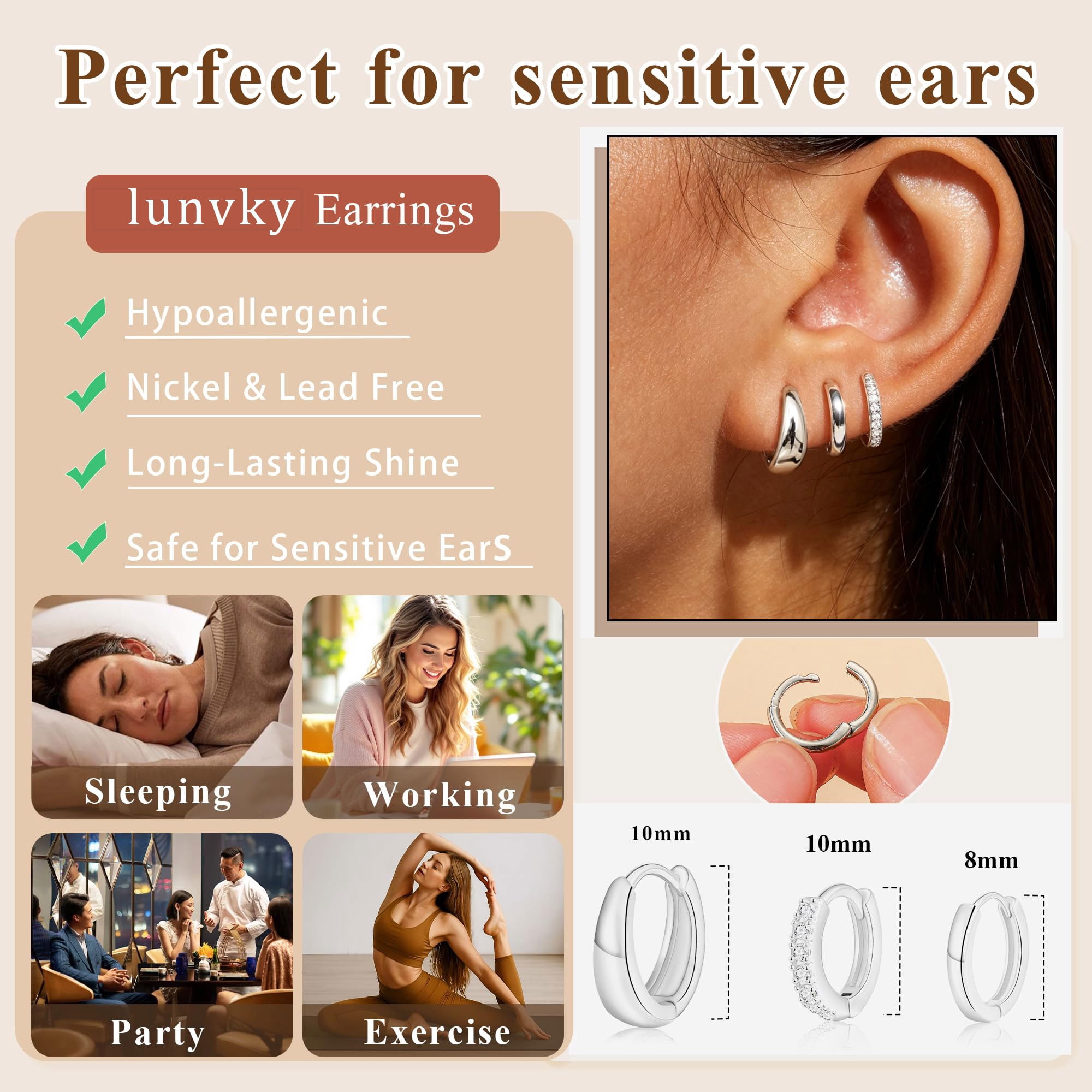LUNVKY 3 Pairs Hoop Earrings for Women CZ Small Huggie Cartilage S925 Sterling Silver Post Hypoallergenic Earrings Set for Multiple Piercing Birthday Graduation Jewelry Gifts Teen Her Adults Ideas - Image 3