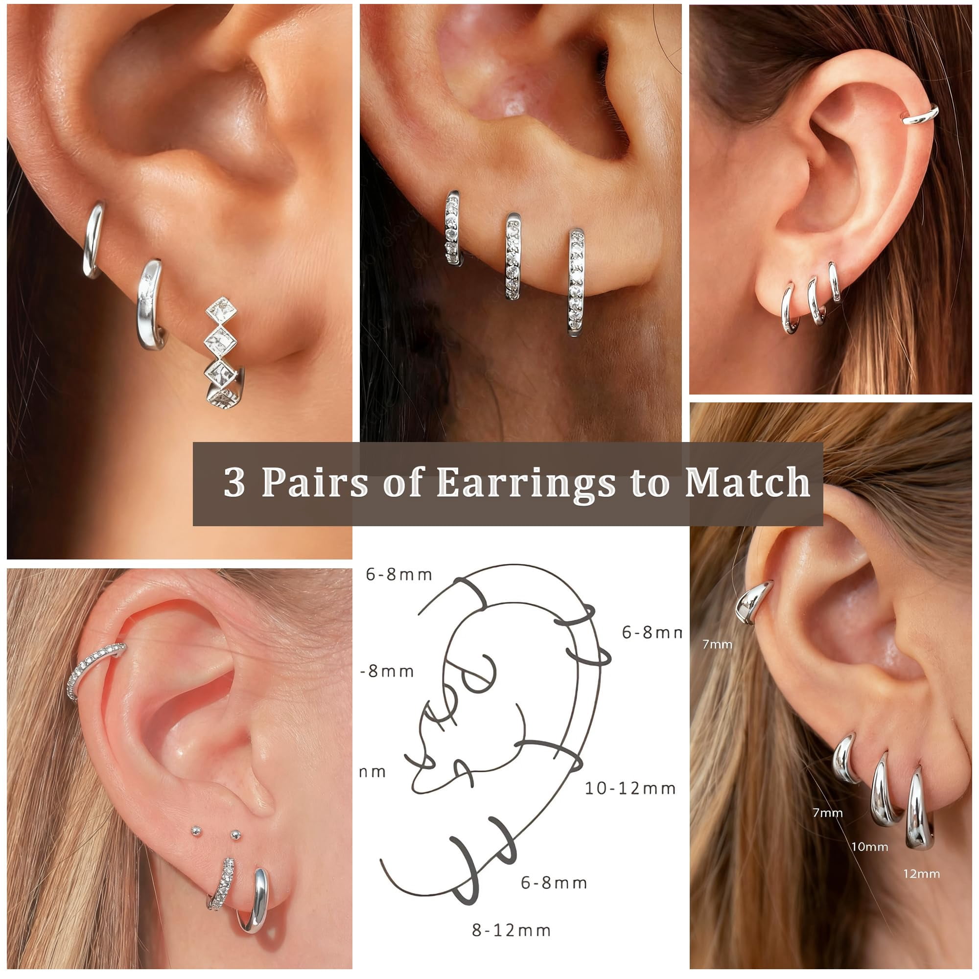 LUNVKY 3 Pairs Hoop Earrings for Women CZ Small Huggie Cartilage S925 Sterling Silver Post Hypoallergenic Earrings Set for Multiple Piercing Birthday Graduation Jewelry Gifts Teen Her Adults Ideas - Image 2