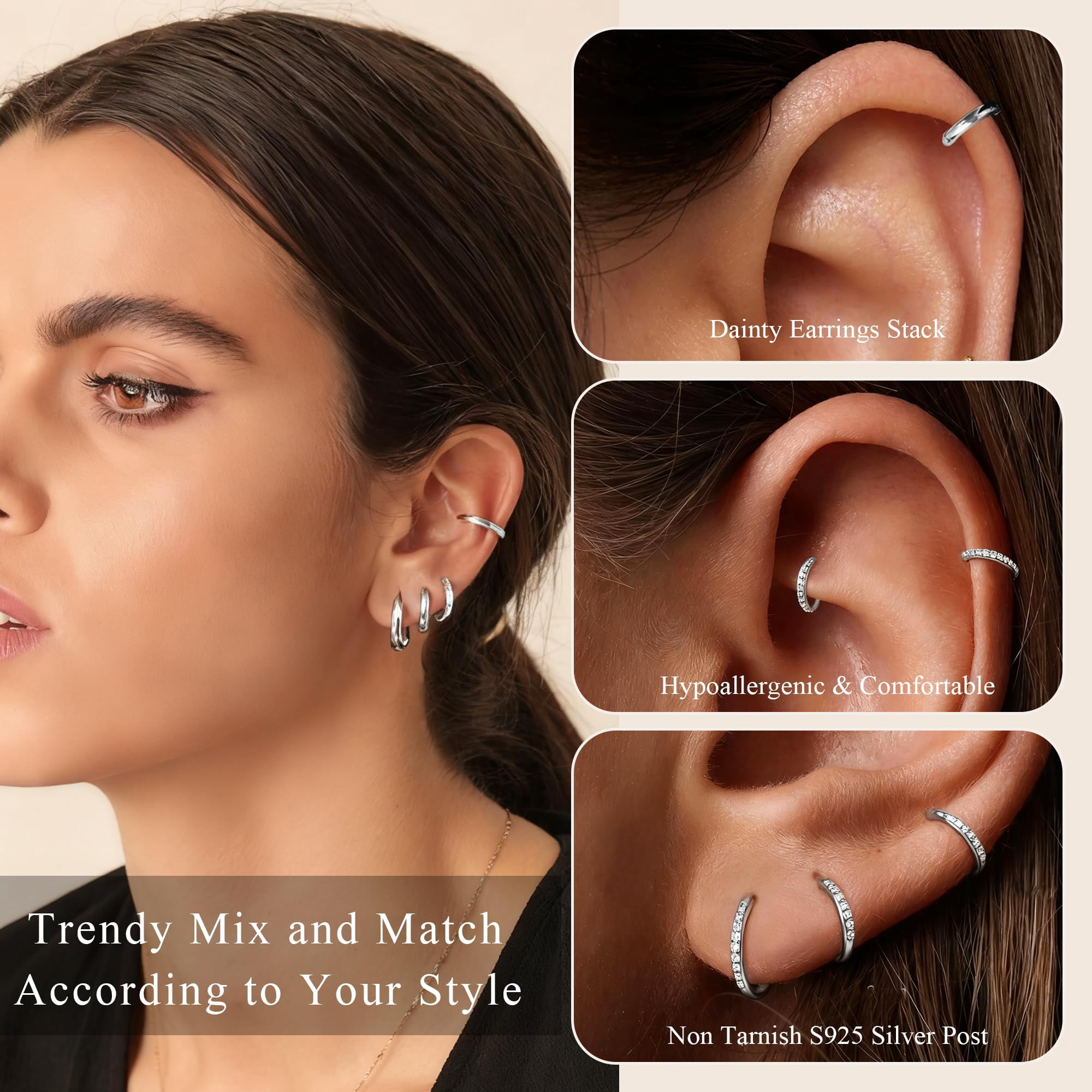 LUNVKY 3 Pairs Hoop Earrings for Women CZ Small Huggie Cartilage S925 Sterling Silver Post Hypoallergenic Earrings Set for Multiple Piercing Birthday Graduation Jewelry Gifts Teen Her Adults Ideas - Image 4