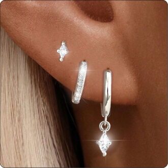 LUNVKY 3 Pairs Hoop Earrings for Women CZ Small Huggie Cartilage S925 Sterling Silver Post Hypoallergenic Stud Earring Sets for Multiple Piercing Birthday Graduation Jewelry Gifts Teen Her Mom Adults